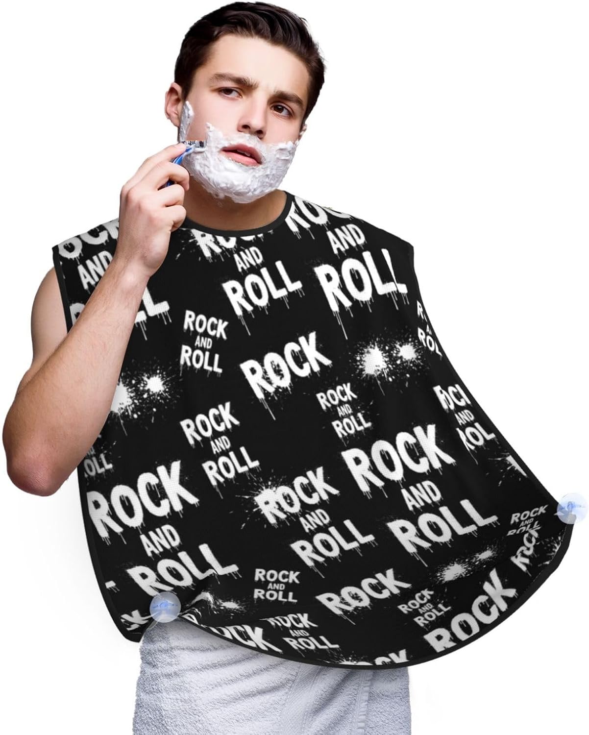 Adjustable Beard Catcher Apron, Black and White Rock and Roll Tattoo Print Shave Bib, Non-Stick Waterproof Grooming Bib, Shaving Essential for Men Dad Christmas