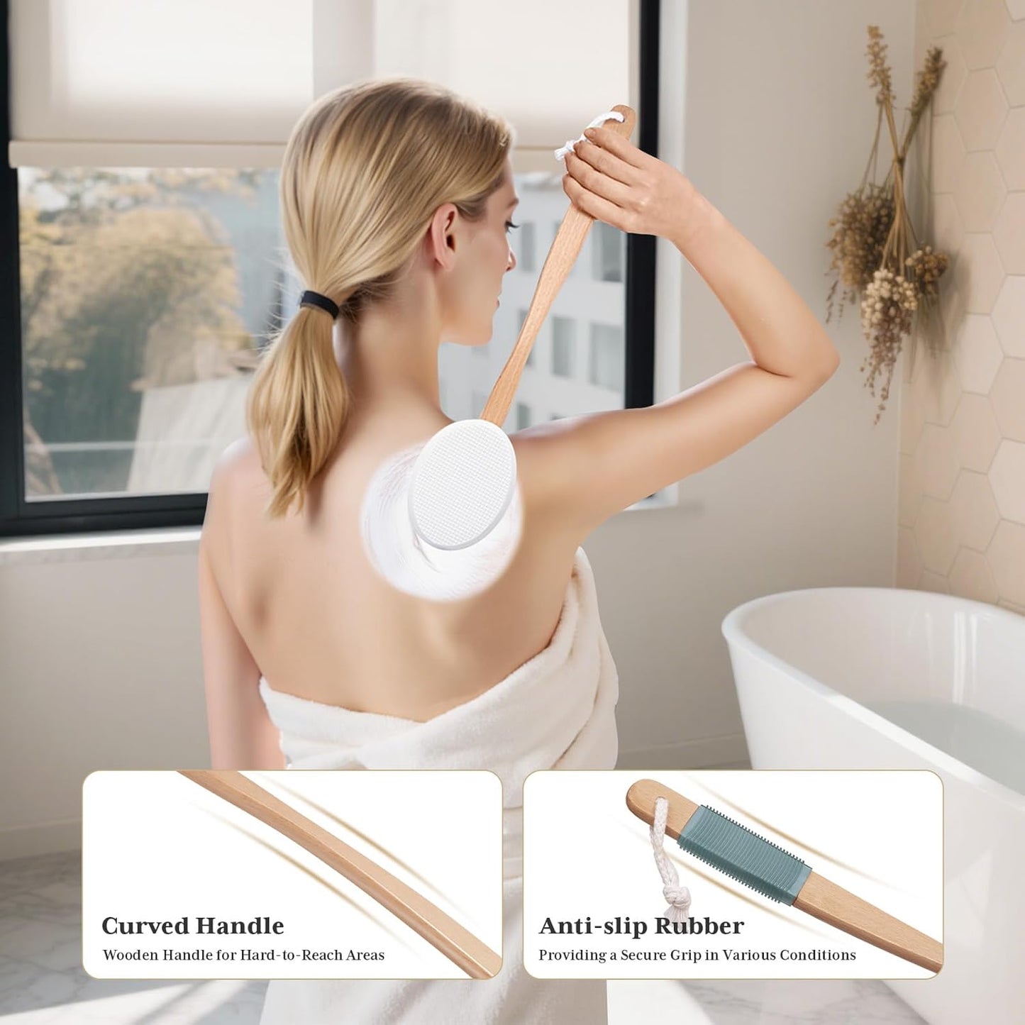 AmazerBath Lotion Applicator for Back, Feet, 4 Replacement Pads with 17" Curved Handle, Back Sunscreen Applicator for Kids, Elderly, Women, Apply Skin Cream Medicine Moisturizer Tanner, White