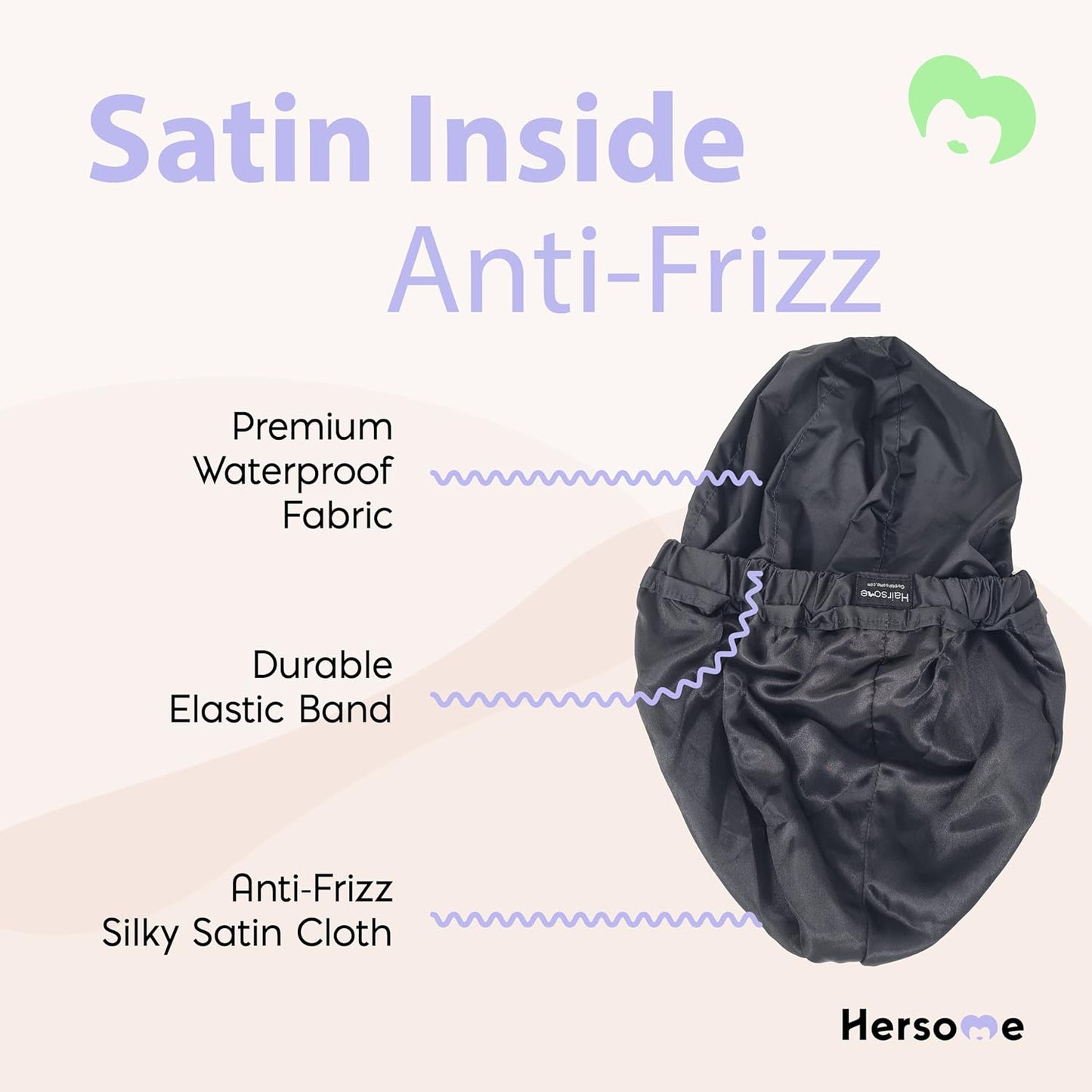 Premium Shower Cap for Women with Long Hair. Reusable, 100% Waterproof, Double-Sided, Great For Curls with Satin Silk Anti-Frizz Cloth. Lilac Shower Caps For Women (Standard, Lilac)