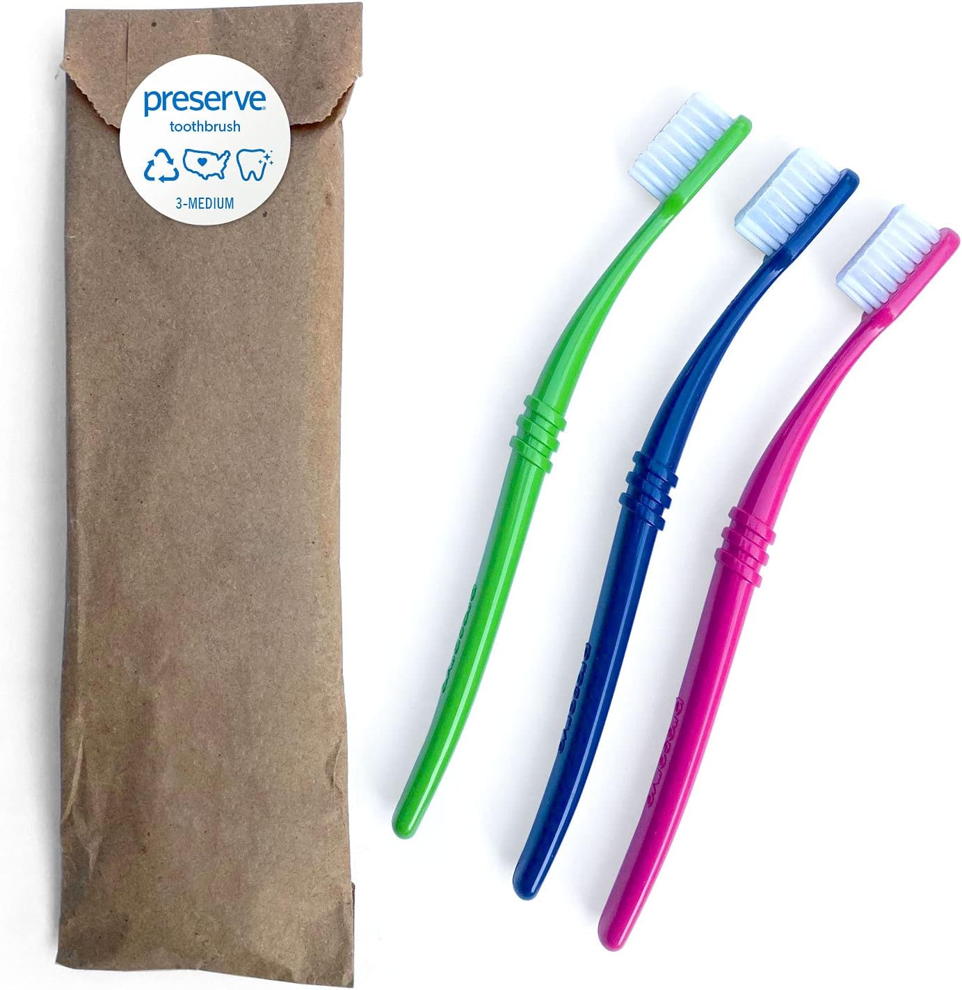 Preserve Eco Friendly Adult Toothbrushes, Made in The USA from Recycled Plastic, Lightweight Paper Packaging, Medium Bristles, Colors Vary, 3 Count
