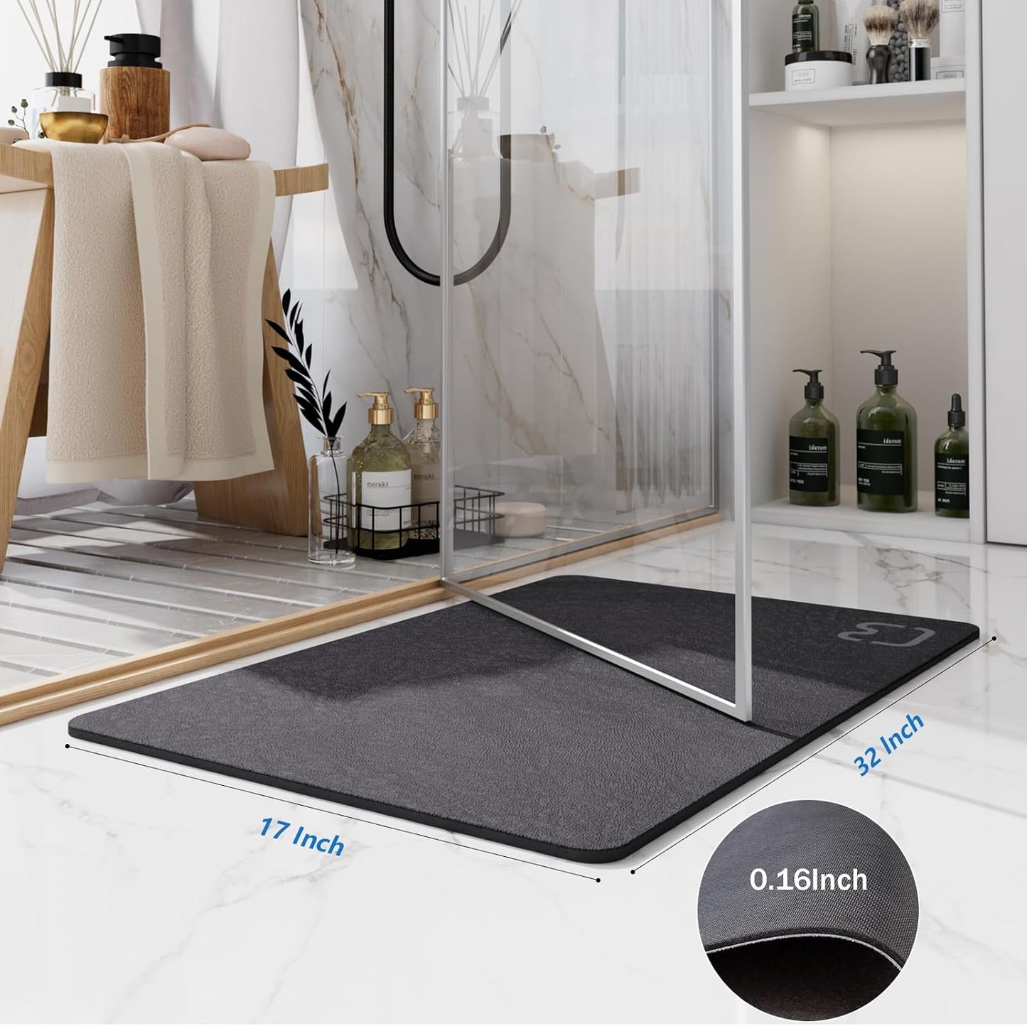 Diatomaceous Earth Bath Mat Rugs Quick Dry Super Absorbent Non Slip Rubber BottomThin Bathroom Mat Fit Under Door, Floor Rugs in Front of Bathtub,Shower Room,Sink,Washable, 17" x 32", Dark Grey