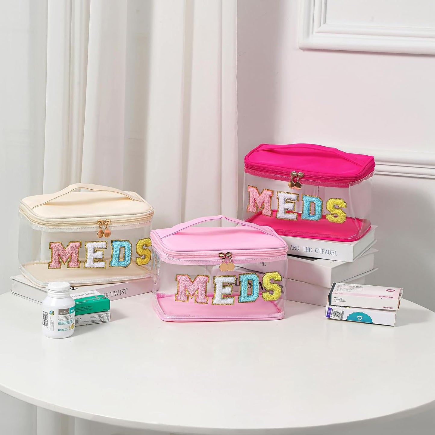 Chenille Letter Clear Medicine Makeup Bag, Large Size Waterproof Nylon Cosmetic Toiletry Storage bag with Top Handle, Transparent Meds First Aid Travel Organizer Cosmetic Bag(02Light Pink)