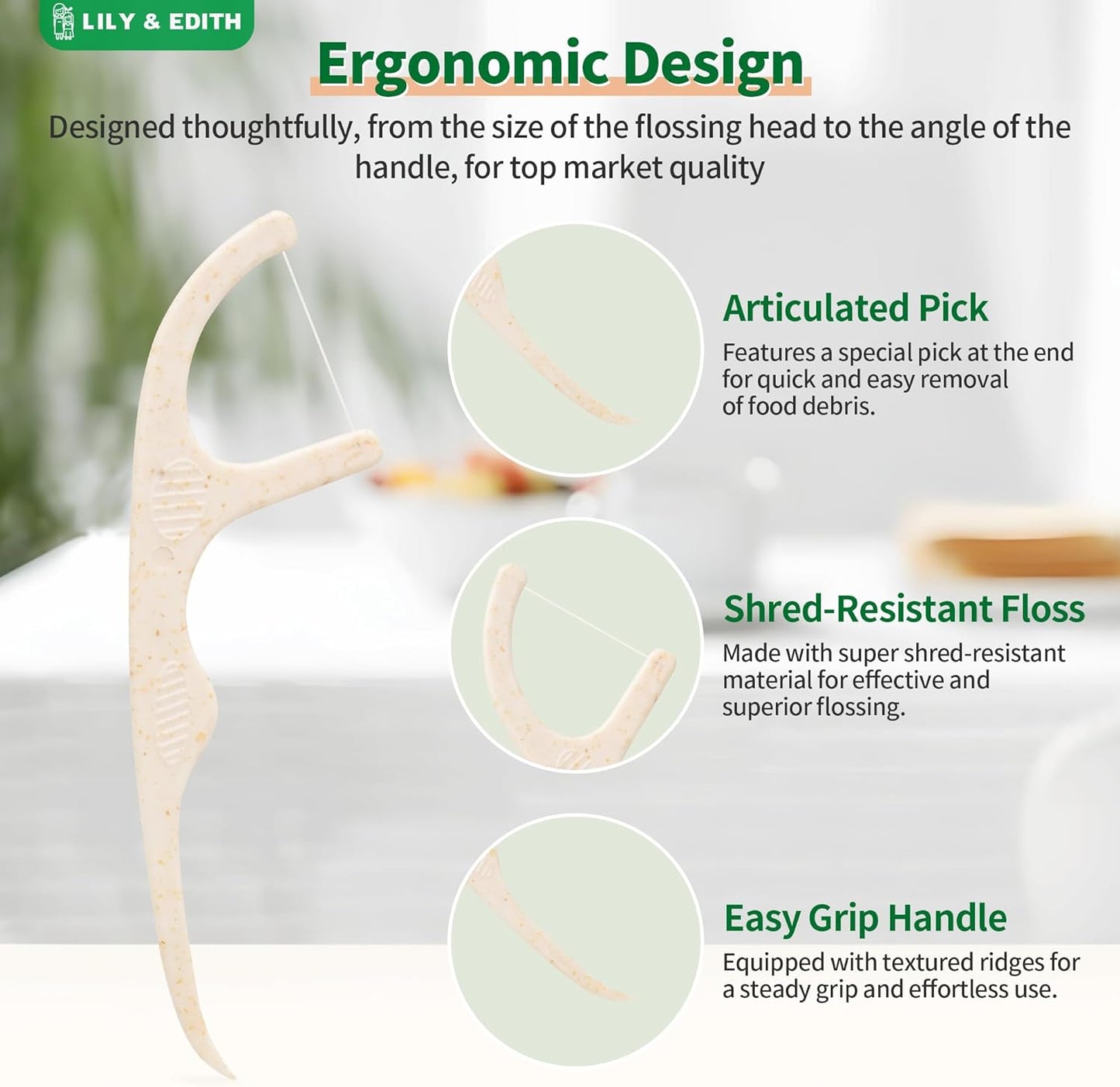 LILY & EDITH Biodegradable Dental Floss Picks Adults and Kids 300 Counts, Fluoride-Free, Plant Based Straw Wheat Material, Planet Protector, Zero Waste Package, Shred Resistant (Chocolate)