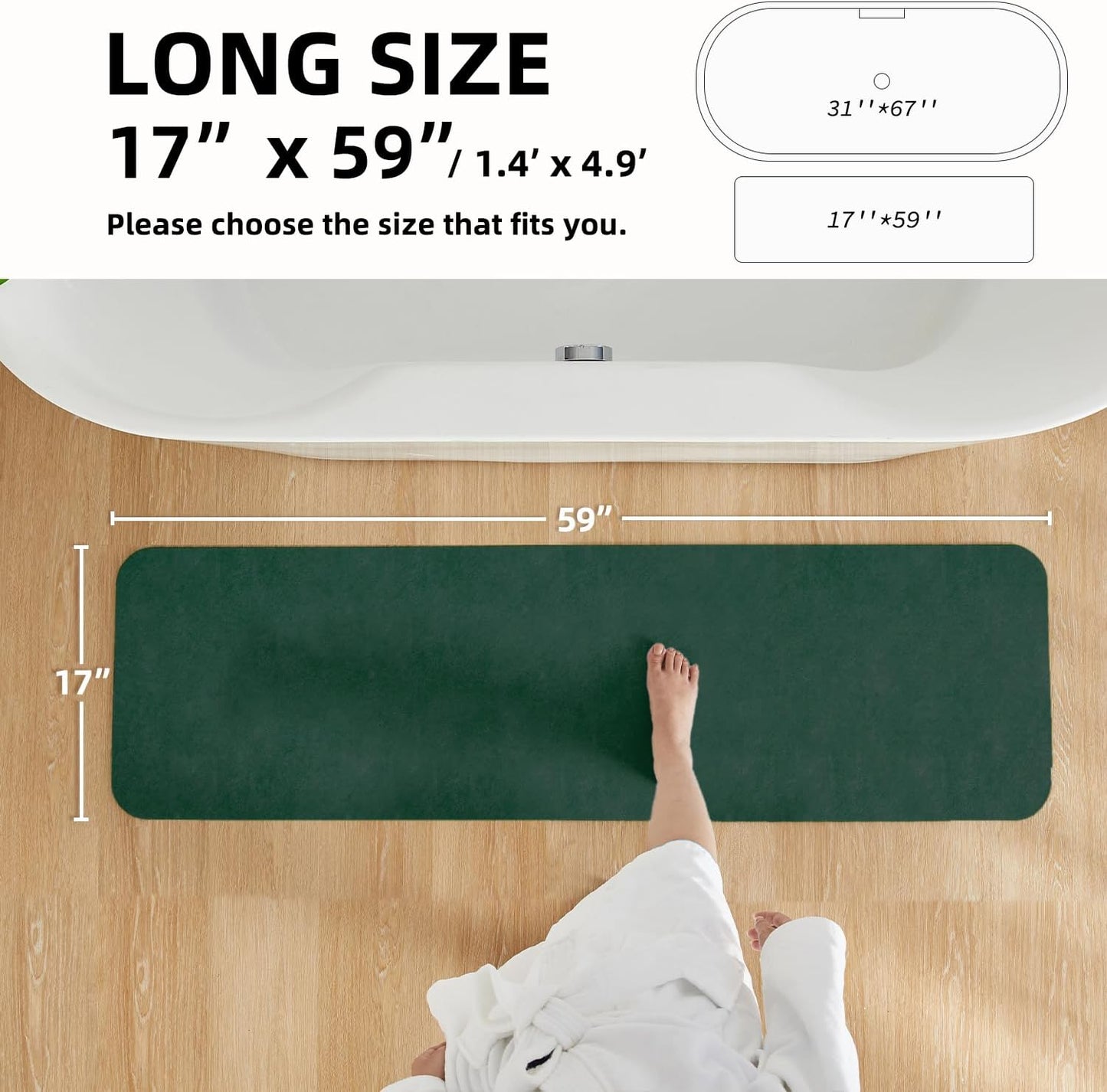 Bathroom Mat Quick Dry, Bathroom Rugs Non Slip Washable Thin Absorbent Bath Mat Fits Under Door Bathroom Floor Mat Perfect for Bath, Shower, or Sink 17"x59" Dark Green