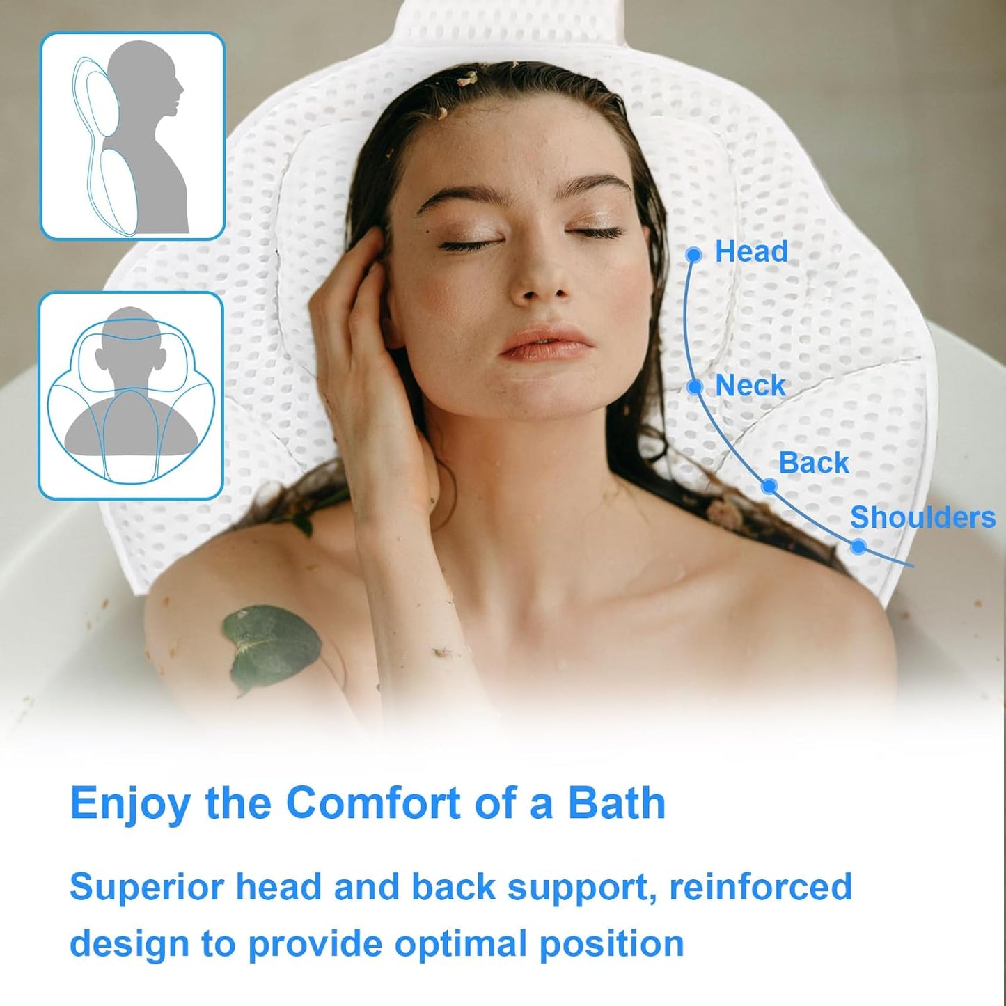 Ultra-Comfort Bathtub Pillow - 2 Sizes, Extra Thick & Soft, Quick-Dry, Anti-Detachment and Anti-Slip Suction Cups, Universal Fit for All Bathtubs, Machine Washable (Size Up)