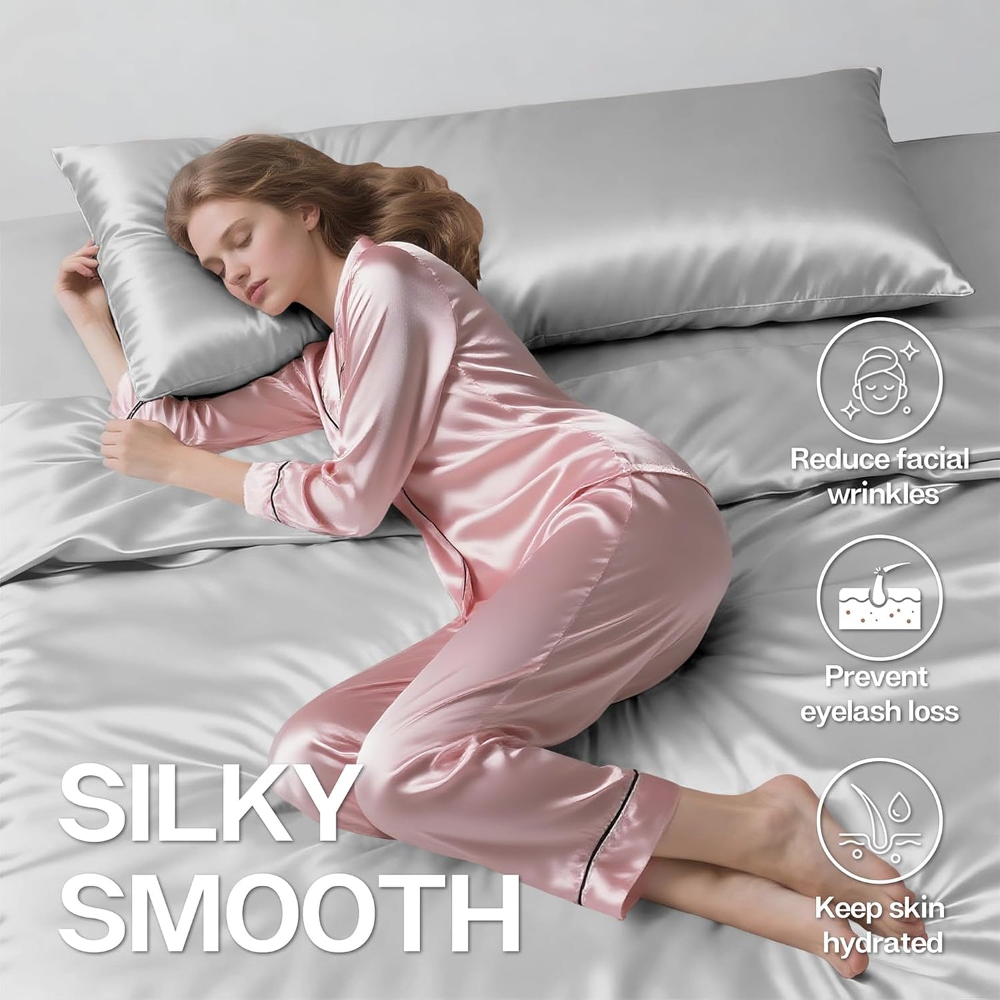 MR&HM Satin Body Pillow Cover, Soft and Breathable Body Pillow Case with Envelope Closure, Cooling and Silky Long Pillowcase for Hair and Skin,Grey (20x54, Silver Grey)