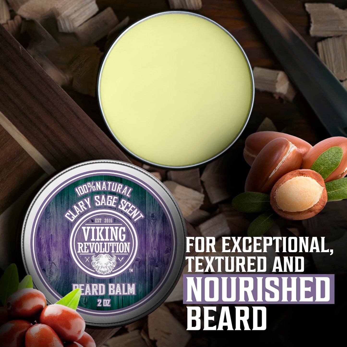 Viking Revolution Clary Sage Beard Balm - Beard Butter with Argan Oil, Beard Softener for Men with Jojoba Oil - Beard Moisturizer for Men with Beeswax - Beard Wax for Men (2oz, 1 Pack)