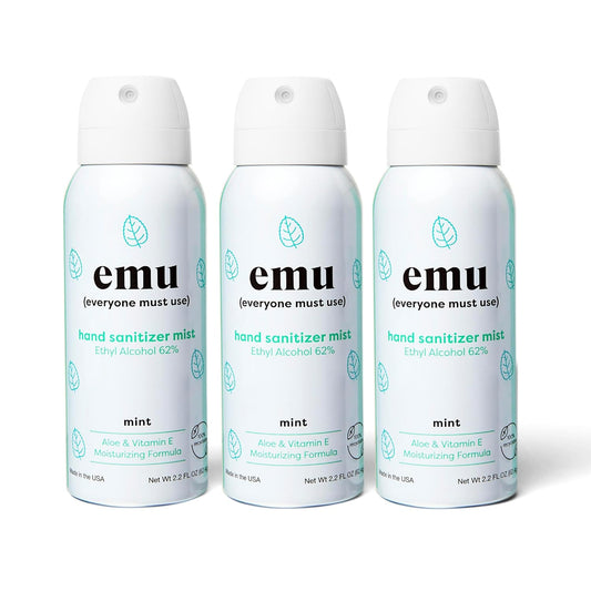 EMU (EVERYONE MUST USE) Hand Sanitizer pocket spray, Travel size 2.2oz. Cleanses Your Hands, Hydrating. Hand soap bulk. 24-hour disinfectant sanitizing. Made in USA (Pack3_Mint)