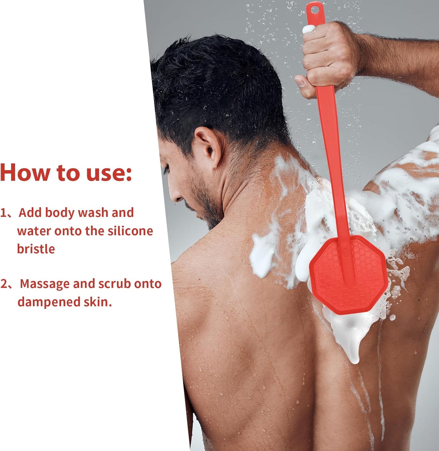 Silver-Infused Silicone Back Scrubber with Long Handle Back Brush for Shower,Back Scrubber Body Exfoliator Scrubber for All Skin Type and Sensitive Skin - for Men and Women - Red