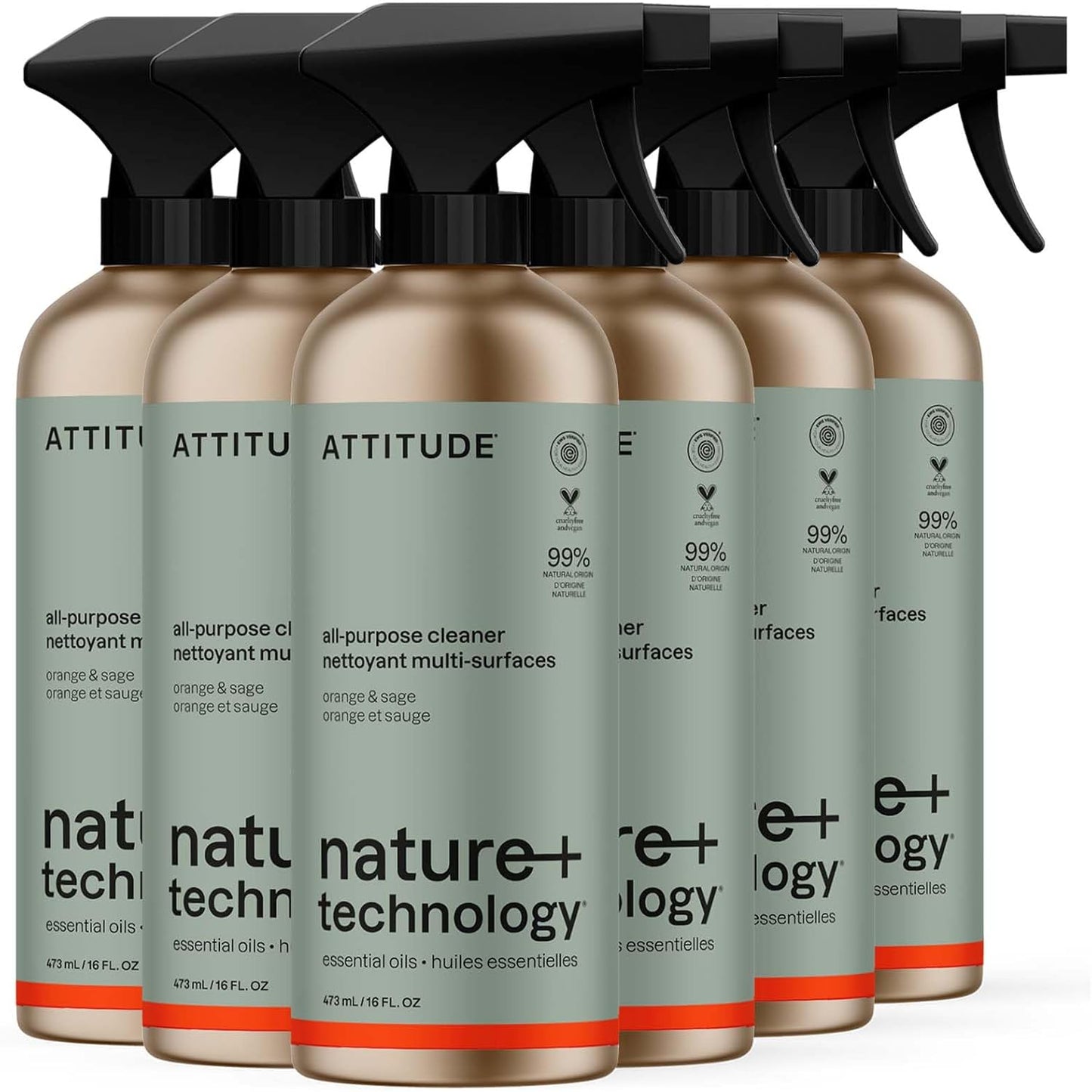 ATTITUDE Multi-Purpose Cleaner with Essential Oils, EWG Verified, Plant and Mineral-Based Ingredients, Vegan Household Products, Refillable Aluminum Bottle, Orange and Sage, 16 Fl Oz (Pack of 6)