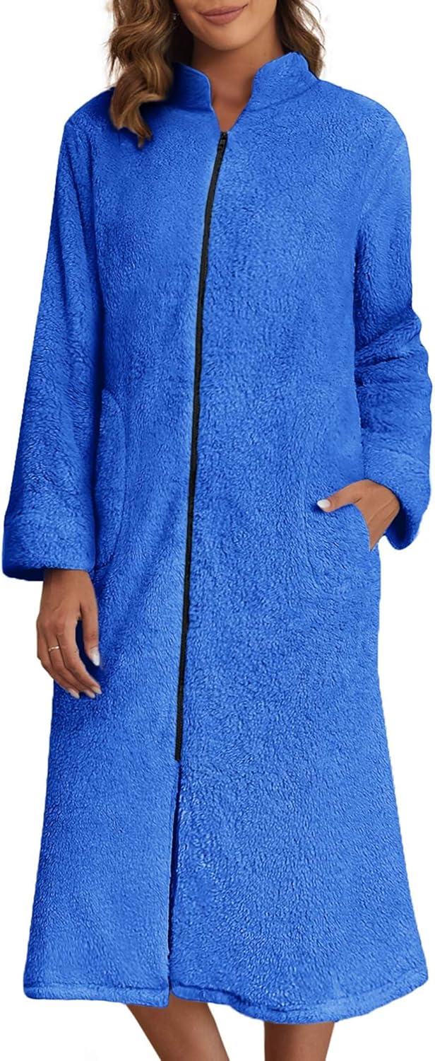 Ekouaer Women's Zip Up Robe Fleece Bathrobe Long Zipper Lounger Warm Housecoat Long Sleeve Nightgown with Pockets S-XXL