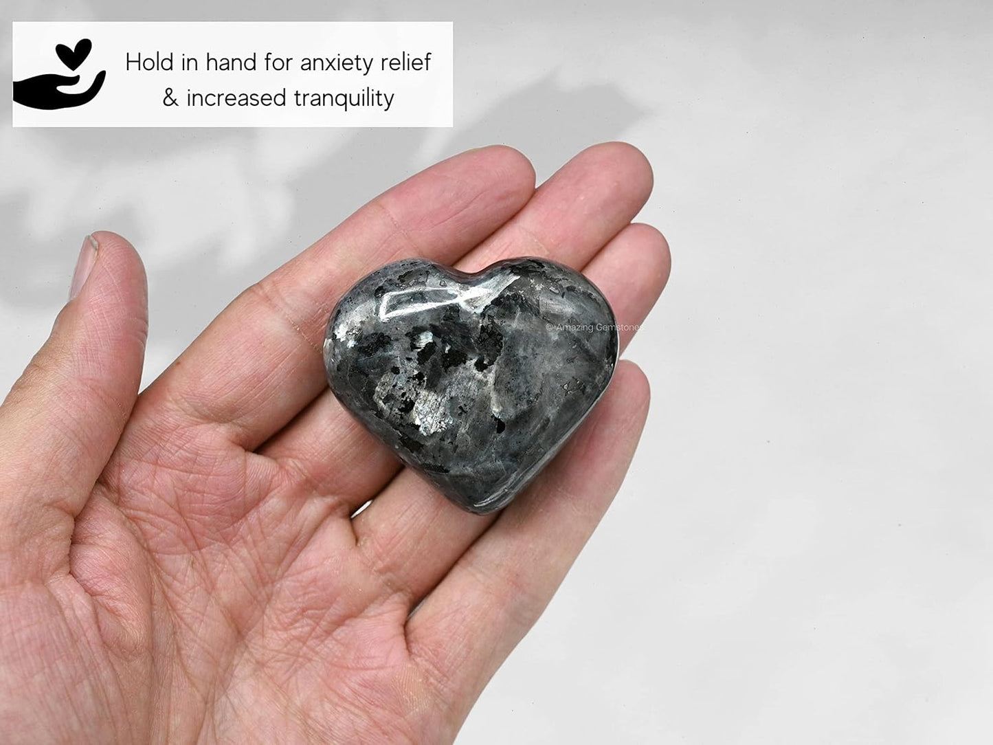Amazing Gemstone Larvikite Crystal Heart Palm Stone - Pocket Massage Worry Stone for Natural Body Chakra Balancing, Reiki Healing and Crystal Grid