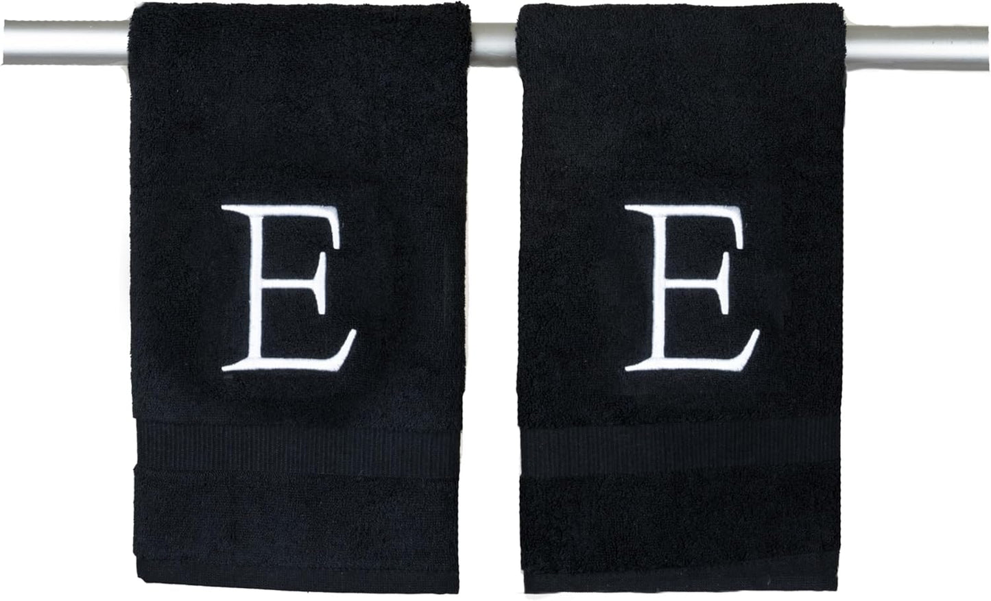 Black Monogram Hand Towel for Bathroom - Monogrammed Initial Hotel Quality Decorative Embroidered Luxury Towel for Powder Room, Spa - GOTS Organic Certified - Pack of 2 - Letter E