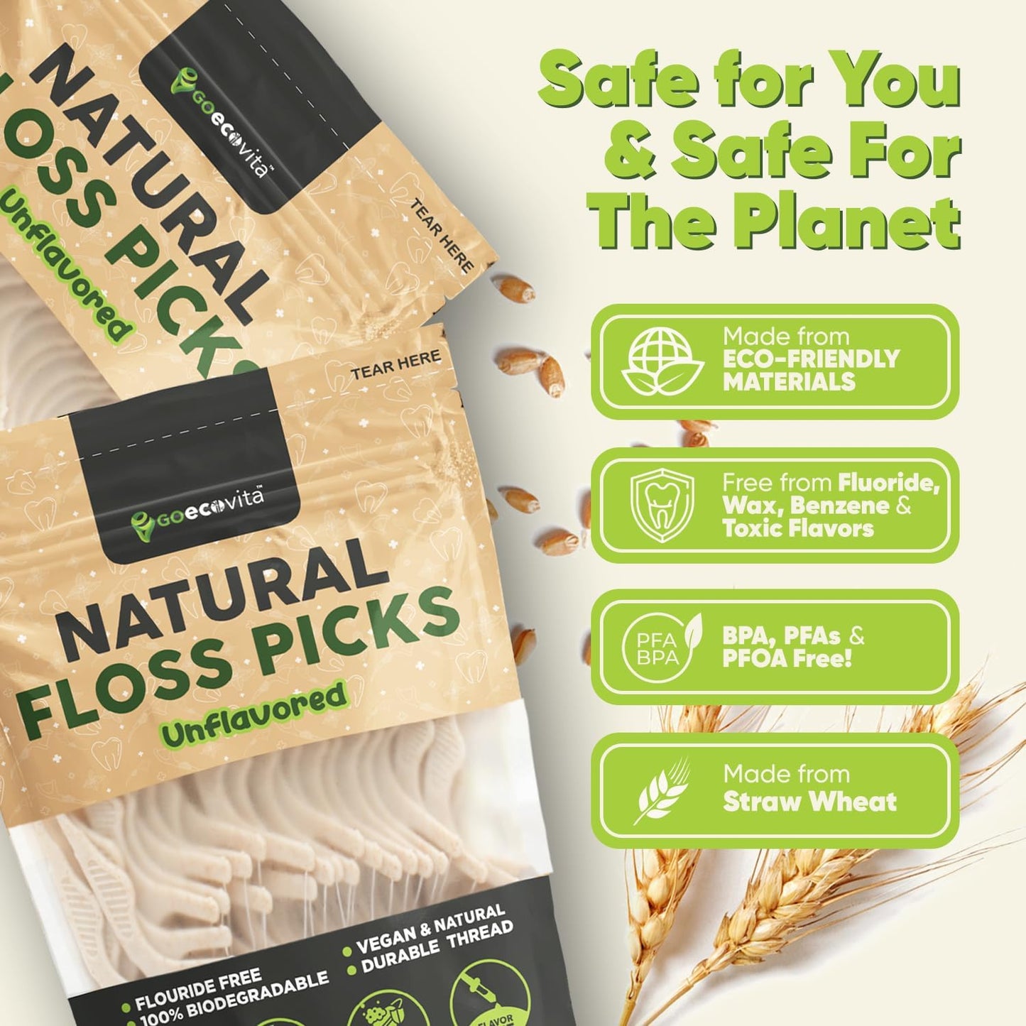 Biodegradable Floss Picks (Unflavored) - Natural Straw Wheat Handle | Thin & Durable Thread for Tight Gaps! | Dental Flossers for Adults | Gentle on Gums & Teeth | Eco Friendly, Vegan (100 Pack)