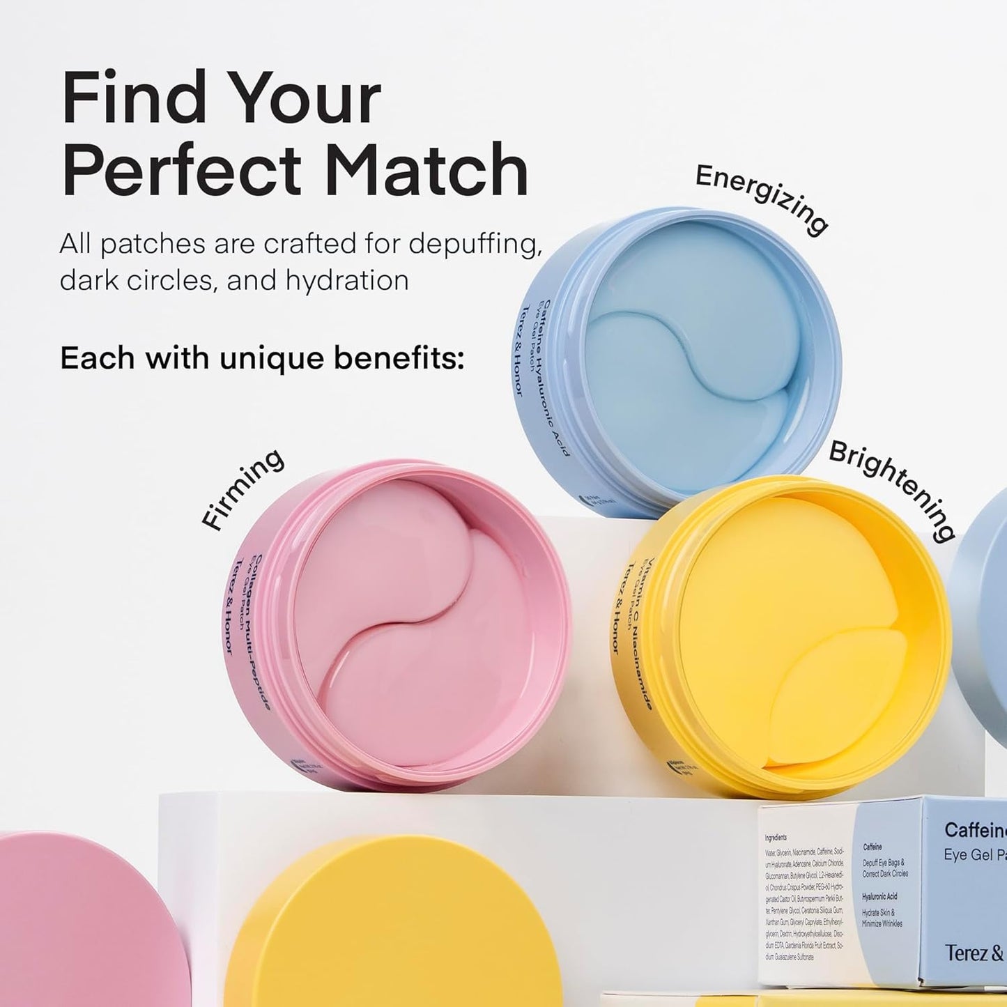 Terez & Honor Under Eye Patches - 180 Pcs Korean Self Care Hydrogel Eye Masks for Puffy Eyes, Dark Circles, Fine Lines, Wrinkles & Undereye Bags - Radiant Eyes Trio with Caffeine, Collagen & Vitamin C