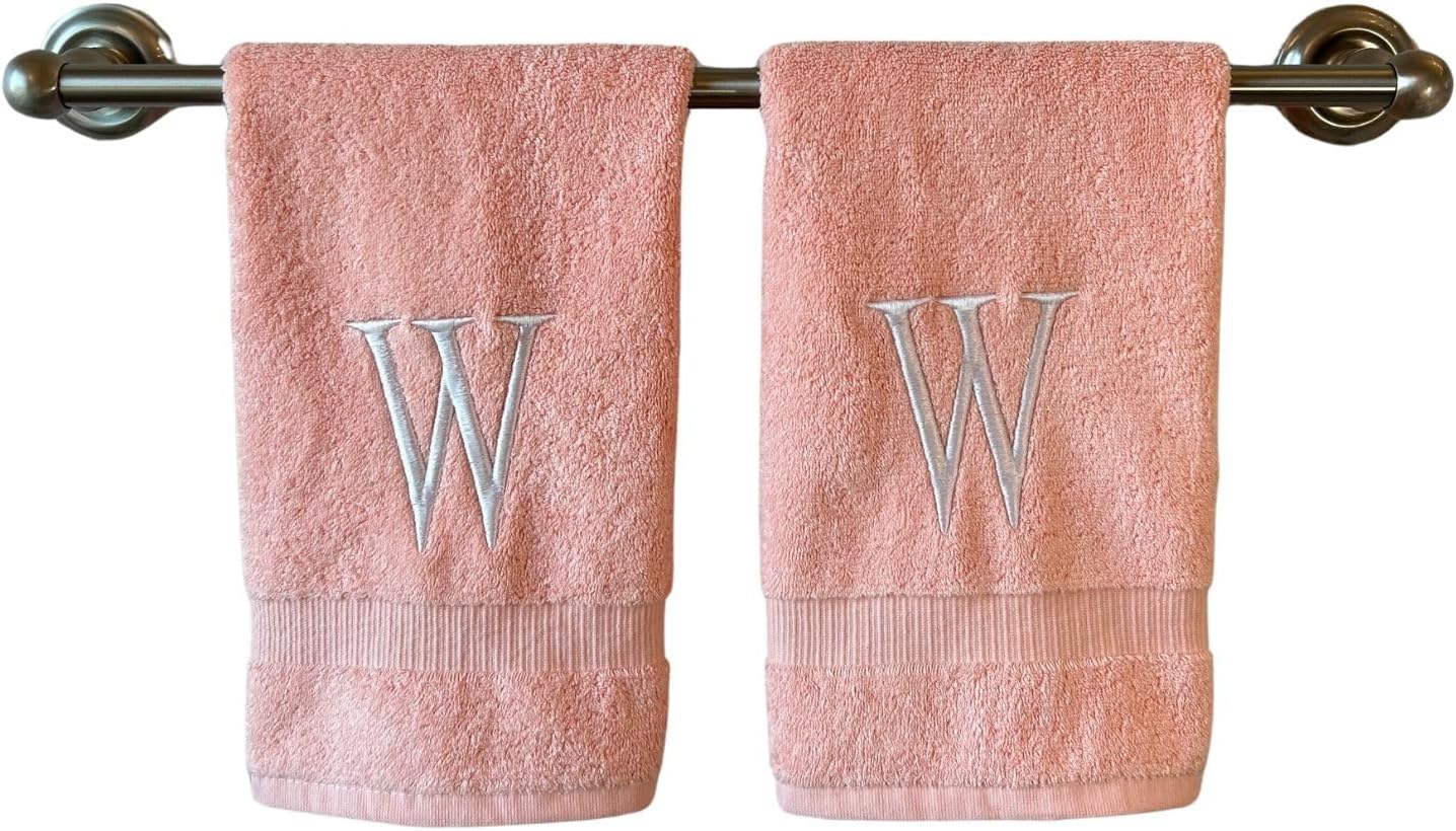 Pink Initial Hand Towel for Bathroom - Monogrammed Luxury Hotel Quality Decorative Embroidered Towel for Powder Room, Spa - GOTS Organic Certified - Set of 2 Letter W