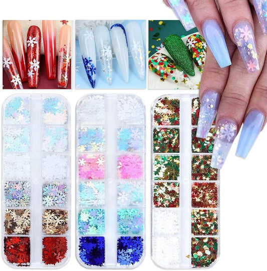 3 Boxes Christmas Nail Art Sequins 3D Holographic Snowflake Xmas Tree Star Nail Art Glitter Sequins Winter Nail Decoration Supplies for Women DIY Manicure (36 Grids)