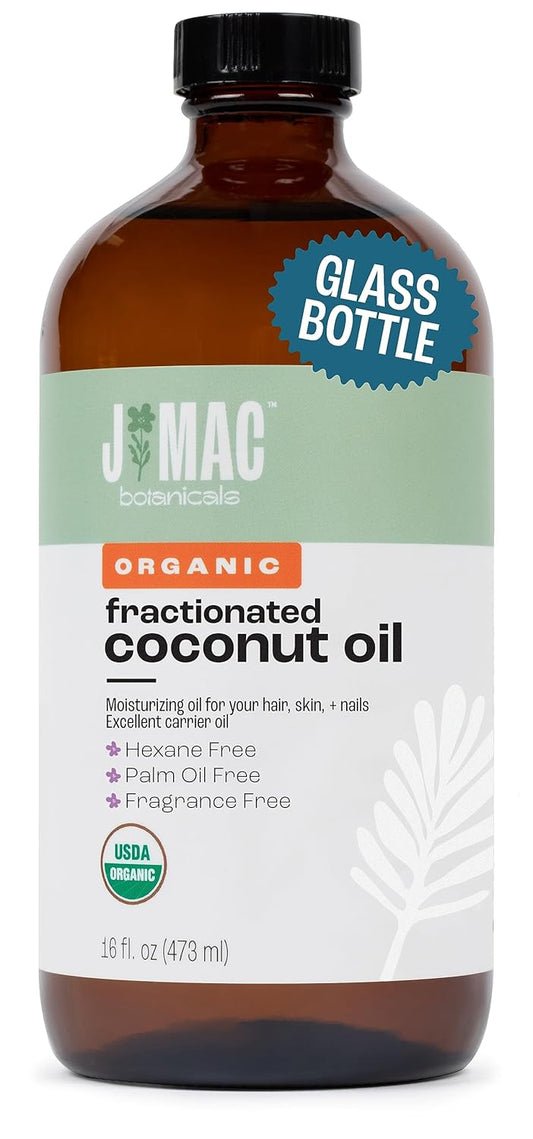 J MAC BOTANICALS Organic Fractionated Coconut Oil (16 Ounce Glass Bottle) Organic Carrier Oil and for DIluting Essential Oils, Moisturizer, Hair Care