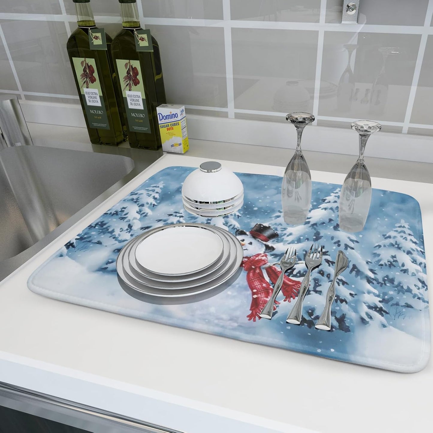 Blue Snowman Dish Drying Mat Winter Pine Tree Drainer Rack Mats 18x24 Inch Absorbent Fast Dry Dish Pad Protector Kitchen Counter Accessories