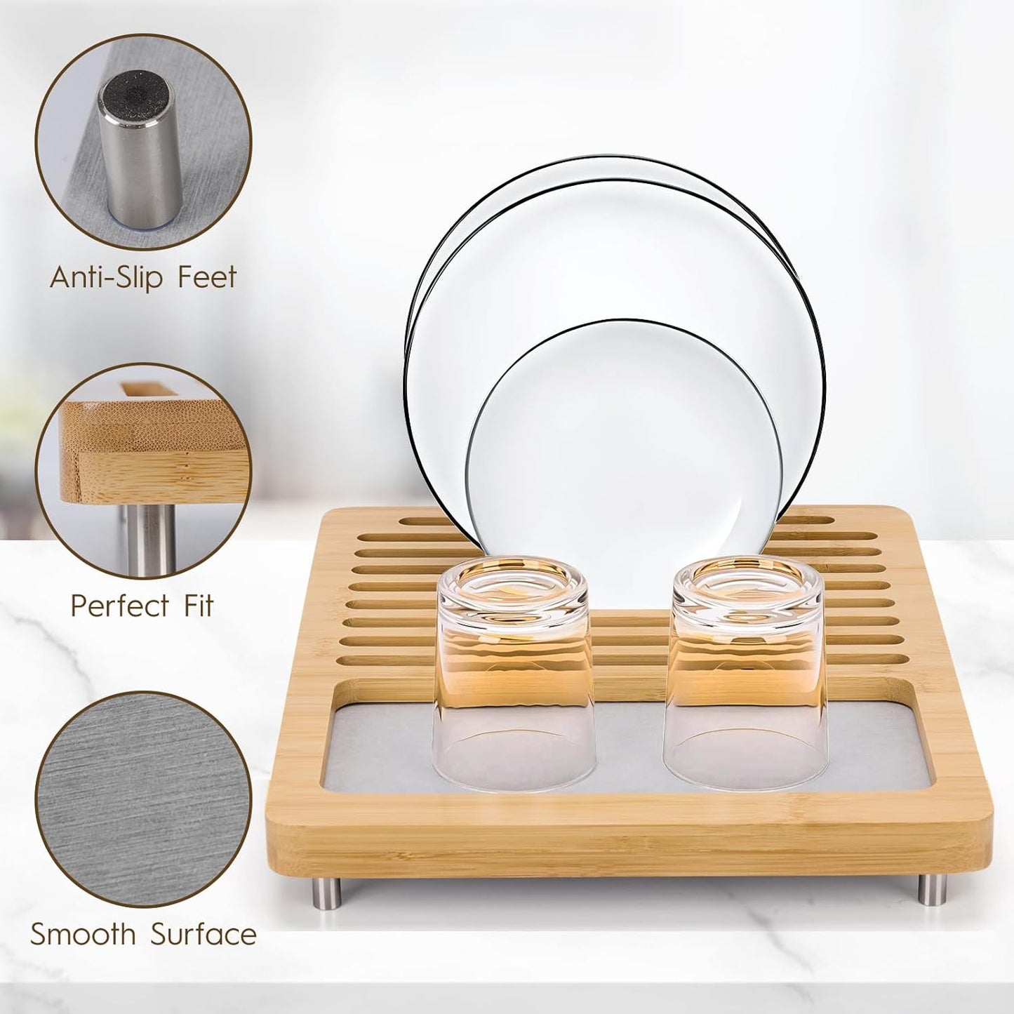 Stone Dish Drying Mats for Kitchen Counter,Dirt-Resistant Quick Dry Absorbent Diatomaceous Earth Dish Drying Mat with Bamboo Rack,Non-Slip Pads & Anti-Moisture Design