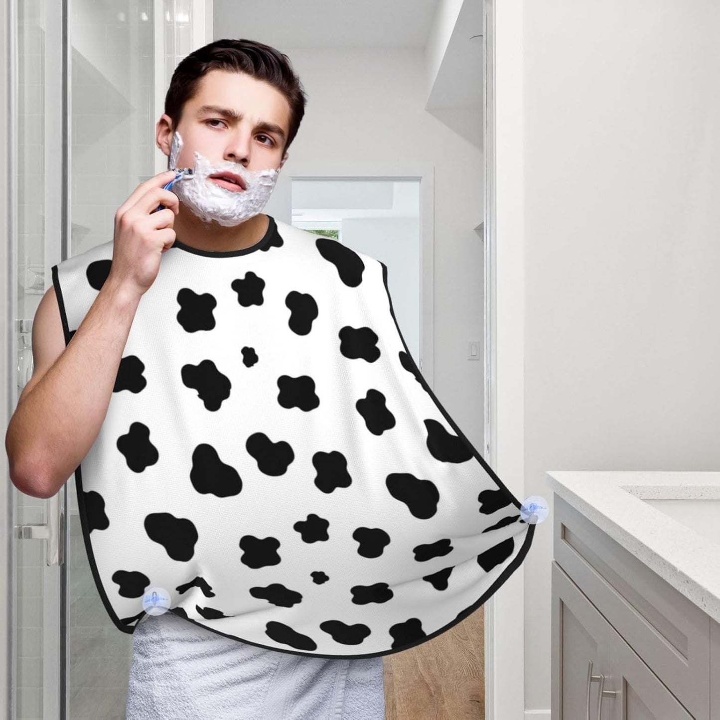 Strong Suction Cup Beard Grooming Bib, Non-Stick Hair Catcher, Waterproof, for Shaving, Black and White Animal Cow Print