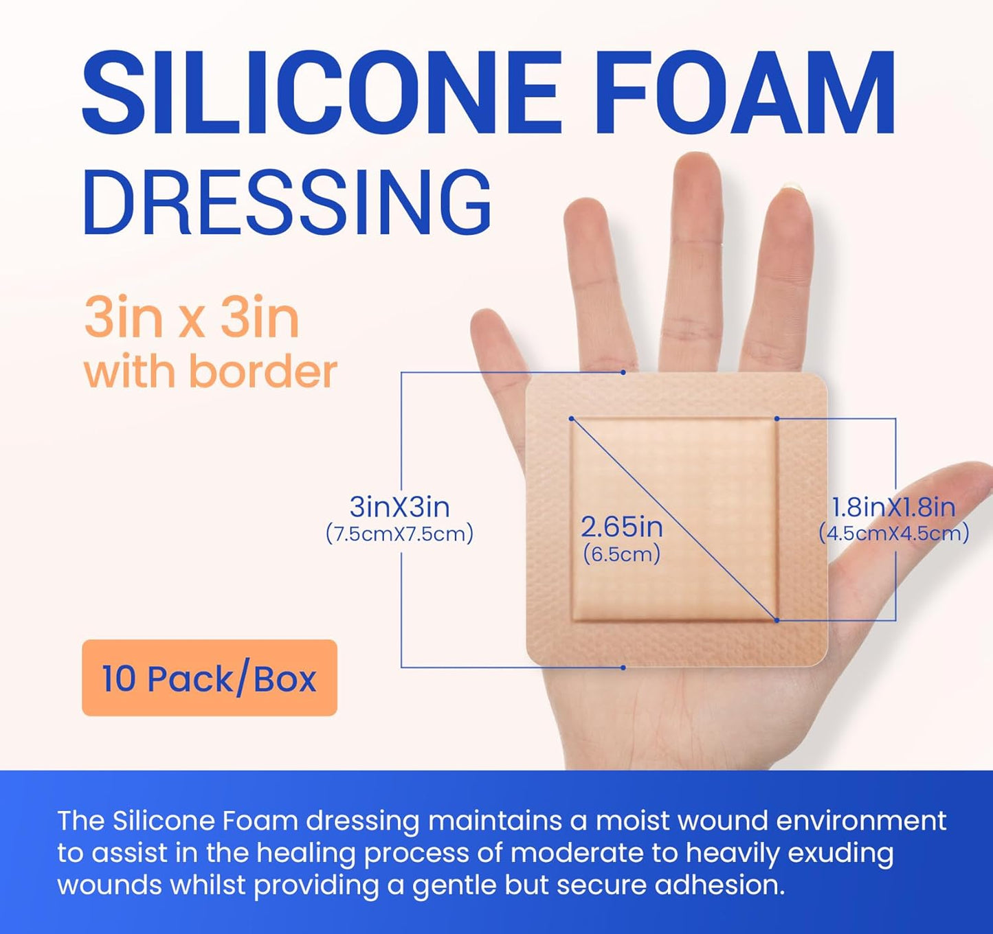 Large Waterproof Bandages 3"x3" Silicone Foam Dressing for Sensitive Skin Wound Care, Adhesive Cohesive Pad with Border for First Aid, 10 PCS, Post Surgical and Trauma Care, Sore, Burn, Pressure