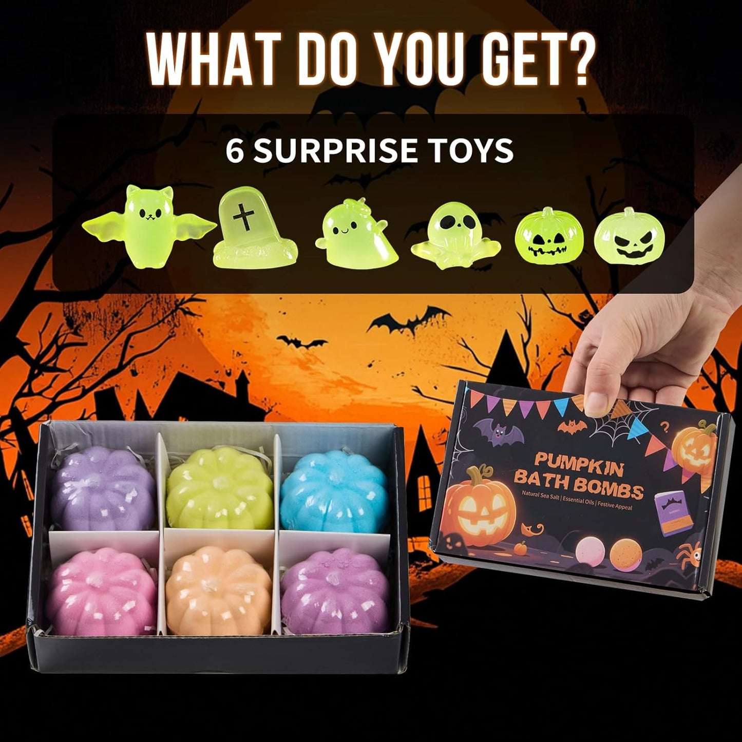Halloween Bath Bombs for Kids Pumpkin Bath Bombs with Halloween Luminous Mini Resin Toys Inside Halloween Toys Halloween Treat Bags Gifts Kids Skin Care Bathbombs