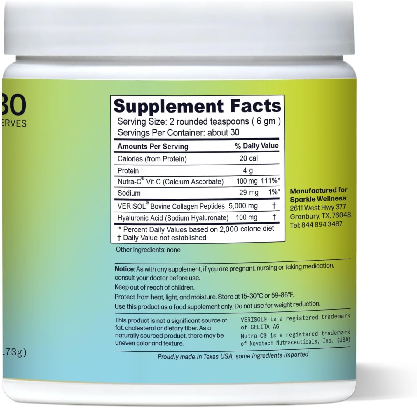 Sparkle Wellness VERISOL Bioactive Hydrolyzed Collagen Peptides | Collagen Powder Supplement with Vitamin C & Hyaluronic Acid for Hair, Skin, and Nail Health | Skin Boost Plus (No Flavor) [30-Serves]