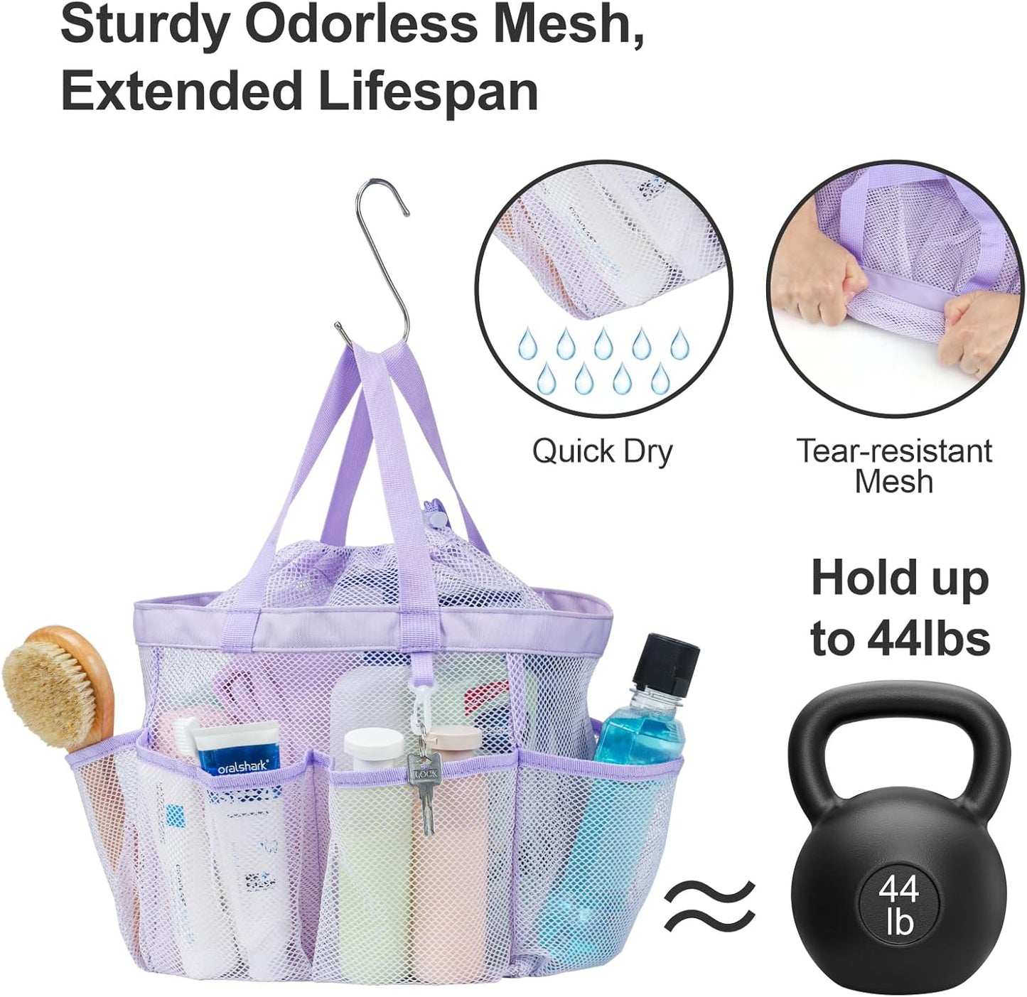 F-color Mesh Shower Caddy Portable with Drawstring - Upgrade Deeper 7 Pockets Dorm Room Essentials for Guys Girls with S Hook, Shower Bag Basket Tote for College Camping Toiletry Bathroom, Purple