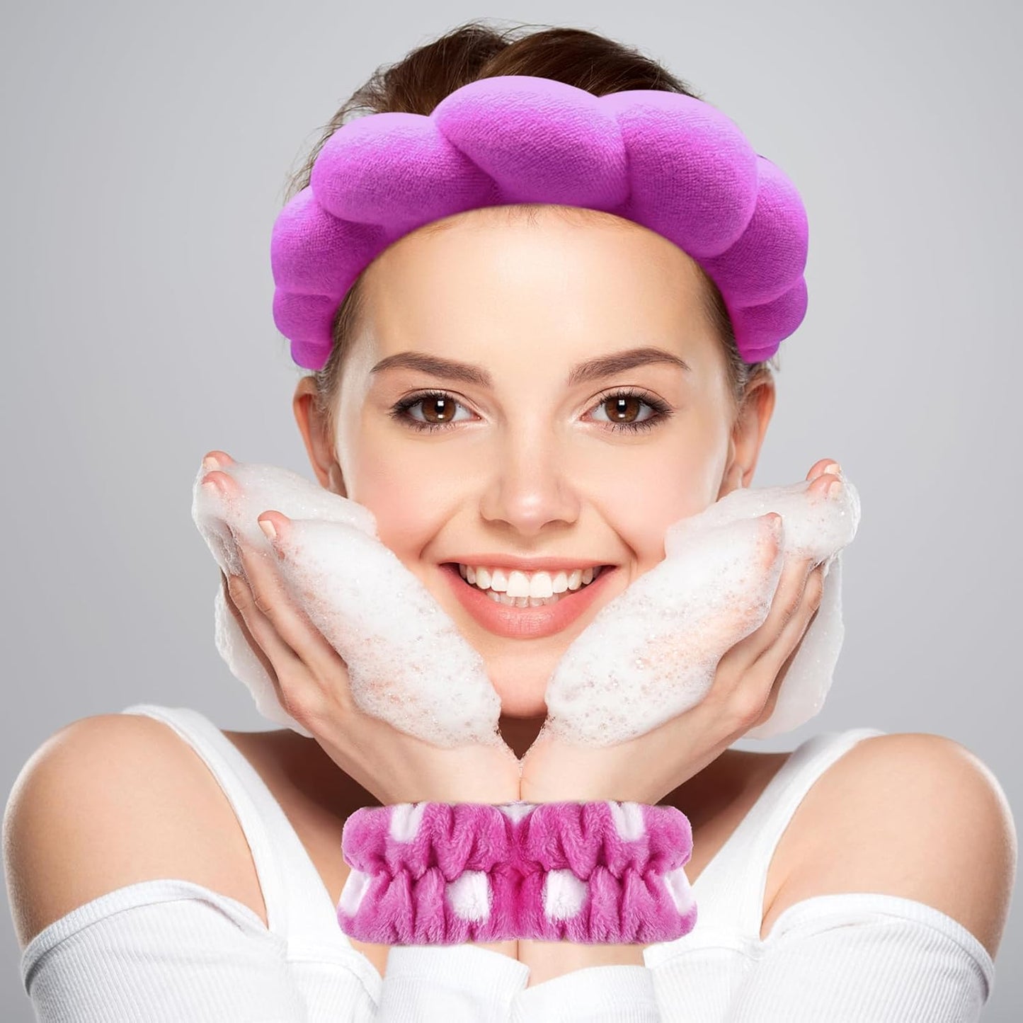 Zkptops Spa Headband for Washing Face Wristband Set Sponge Makeup Skincare Terry Cloth Bubble Soft Get Ready Hairband for Women Girl Puffy Padded Headwear Non Slip Thick Hair Accessory(Dark Purple)