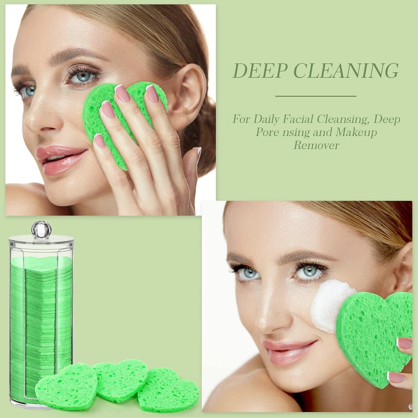Sieral 120 Pcs Compressed Facial Sponges with Container Disposable Face Sponge Pads for Washing Face Cleansing Exfoliating Esthetician Makeup Removal(Heart,Green)