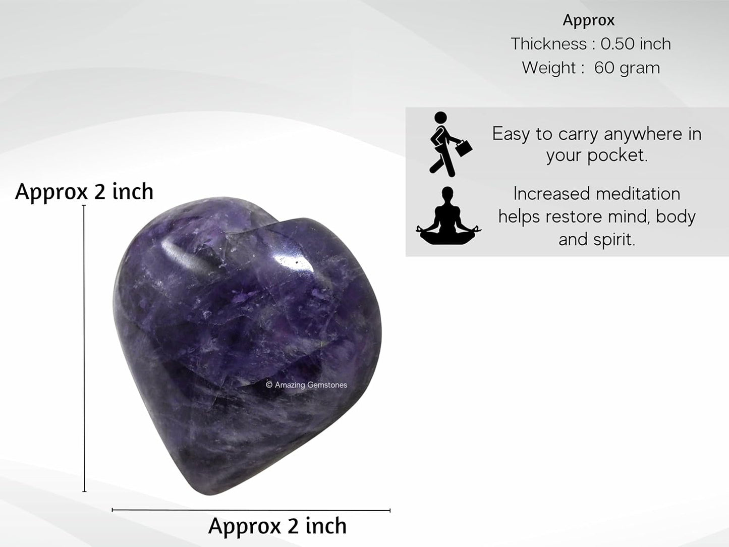 Amazing Gemstone Amethyst Crystal Heart Palm Stone - Pocket Massage Worry Stone for Natural Body Chakra Balancing, Reiki Healing and Crystal Grid