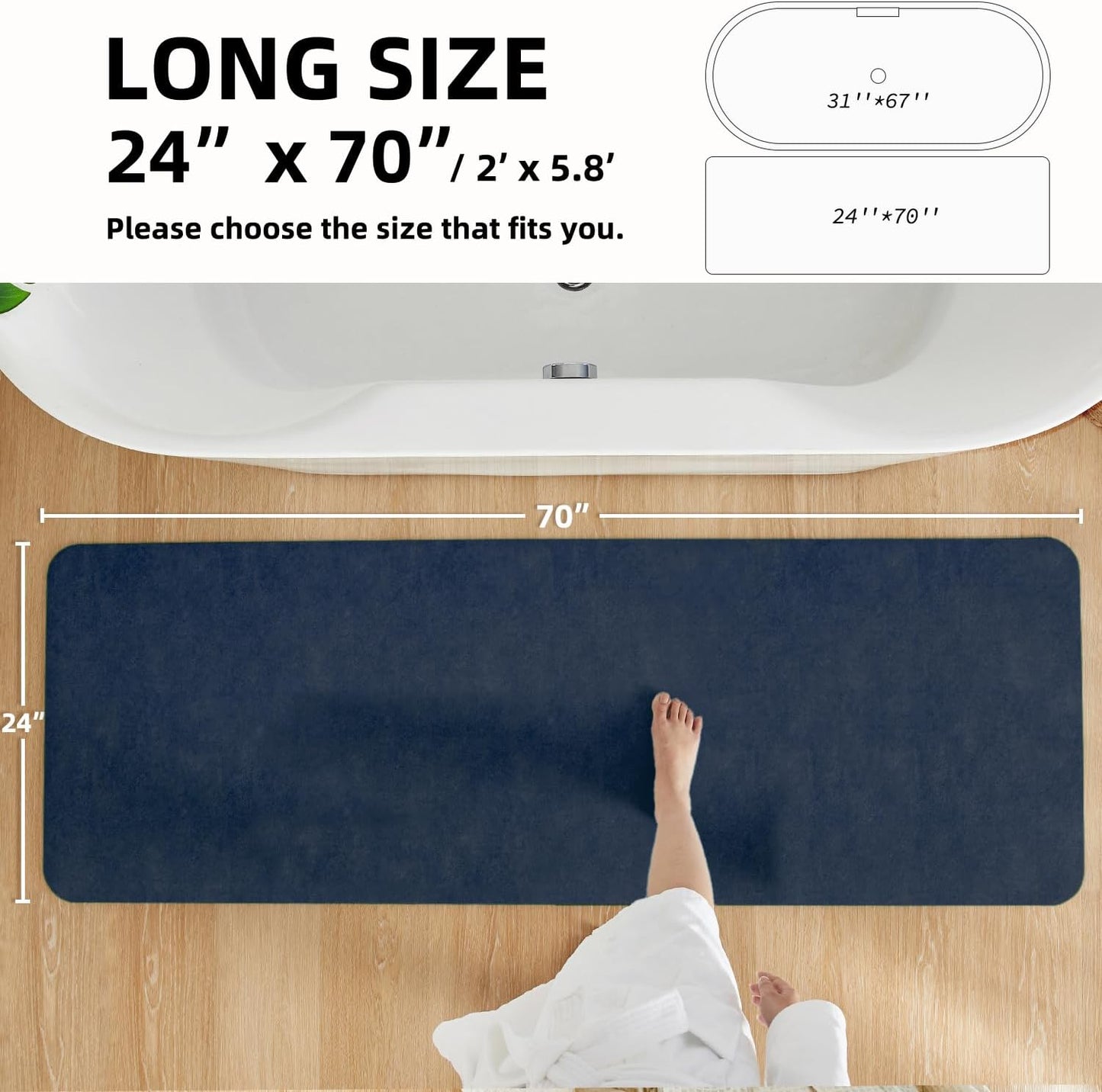 Bathroom Mat Quick Dry, Bathroom Rugs Non Slip Washable Thin Absorbent Bath Mat Fits Under Door Bathroom Floor Mat Perfect for Bath, Shower, or Sink 24"x70" Navy Blue