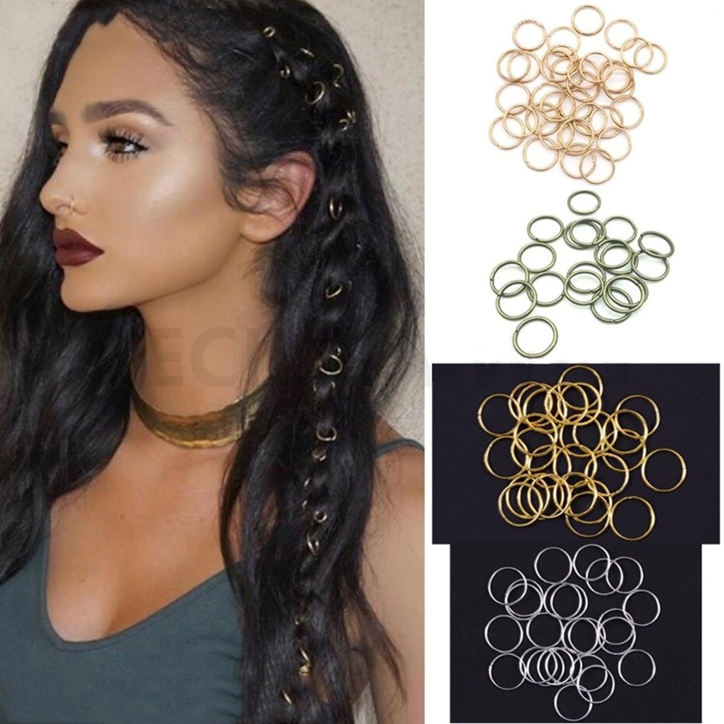 SEVENHEAD 50 Pcs Dreadlock Beads Hair Accessories Circle Rings Adjustable Cuffs Braiding Hair Decoration Clips Metal Hair Decoration for Braids(Gold 1.2mm*16mm)