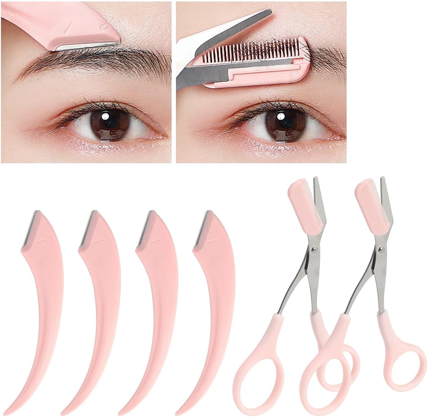 6 Pcs Eyebrow Trimmer Scissors with Comb, Curved Eye Brow Razor, Non-Slip Stainless Steel Facial Hair Removal Grooming, Brow Shaping Beard Shaving Kit Beauty Accessories for Women Men