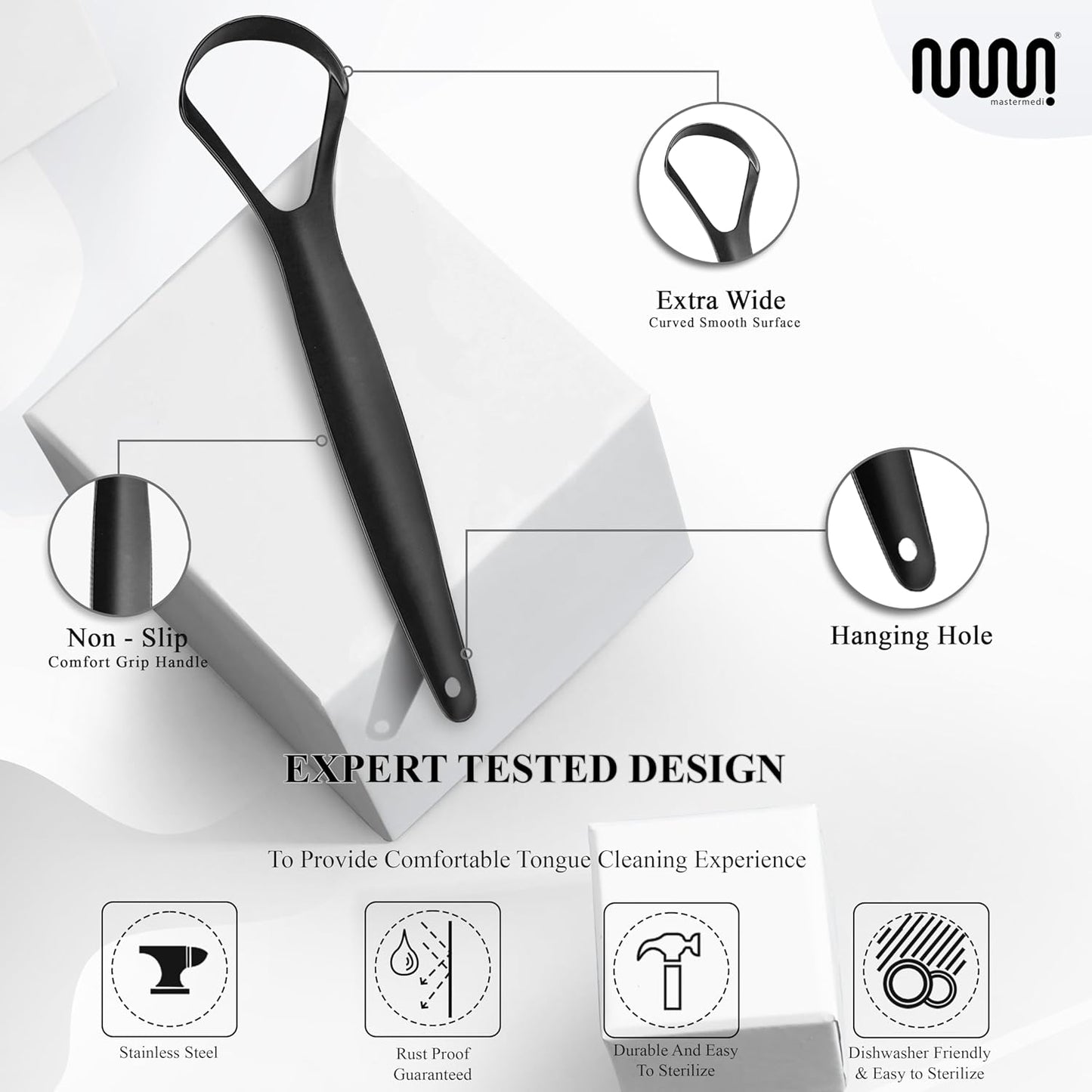 MasterMedi Black Tongue Scraper with Cases (Spoon Shape, 2 Pack), Tongue Scrubber for Bad Breath Treatment, Easy to Use Tongue Scraper for Adults, Tongue Cleaner for Oral Care