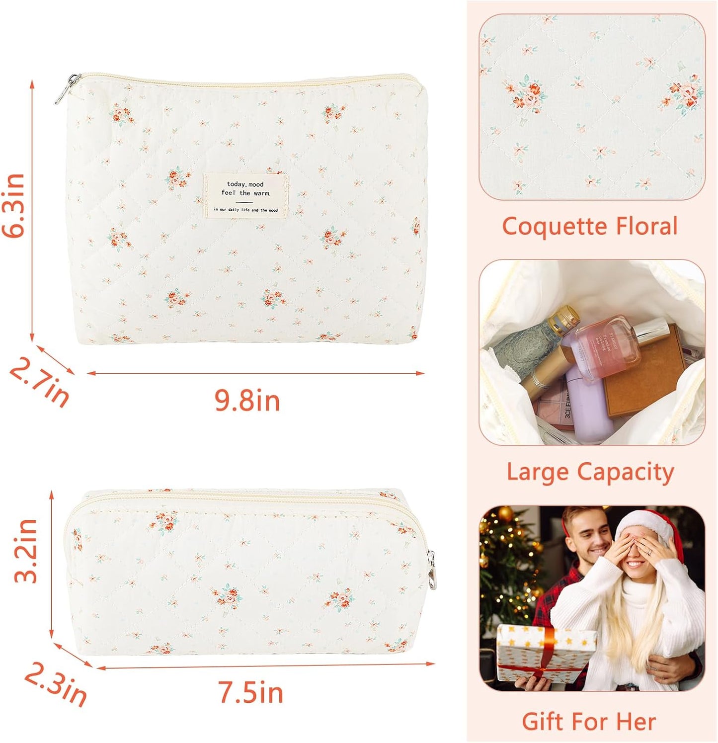 2Pcs Quilted Cotton Makeup Bag Large Travel Makeup Pouch Small Brush Holder Set for Women Floral Coquette Makeup Bag Cute Aesthetic Cosmetic Bag White Toiletry Organizer Storage Bag Big Zipper Pouch