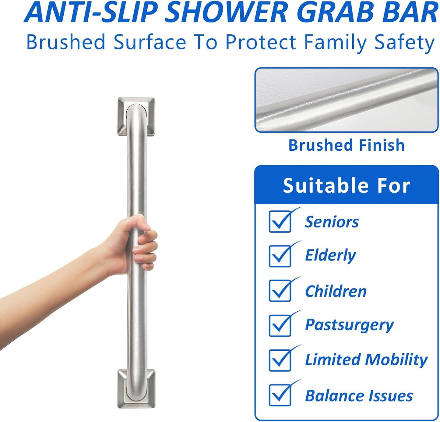 Bathroom Grab Bars Stainless Steel Handrail ADA Compliant 500lbs bathtubs and Showers Toilet Handle Safety for Handicap, Elderly, Disabled, Injury (18 inches)