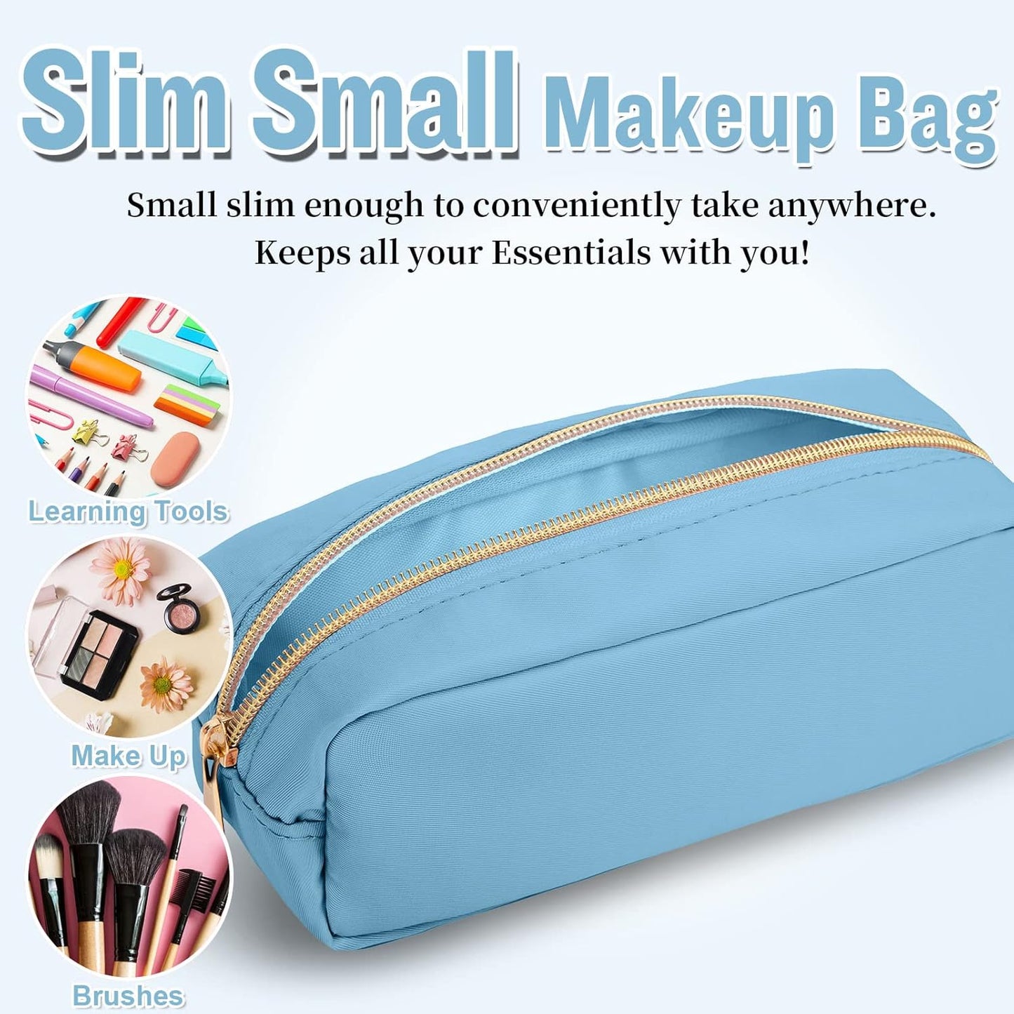 Izuzta Nylon Small Makeup Bag Slim Pouch, Preppy Cute Brush Case, Cosmetic Zipper for Purse, Waterproof Travel Toiletry Clutch Coin Organizer for Women Girls (Blue)