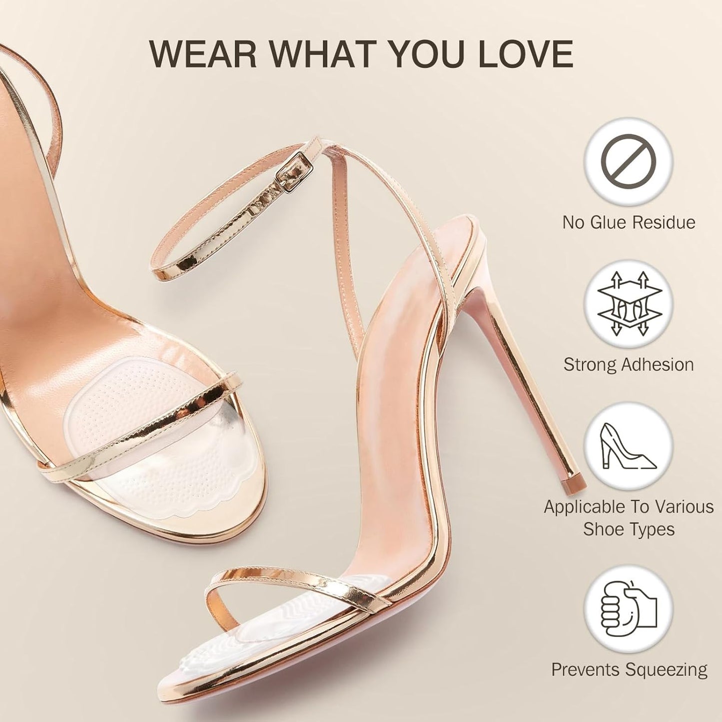 Metatarsal Pads Women, Gel Ball of Foot Cushions for Pain Relief in Shoes, Non-Slip Heel Inserts, One Size Fits All (2 Pairs, Clear)