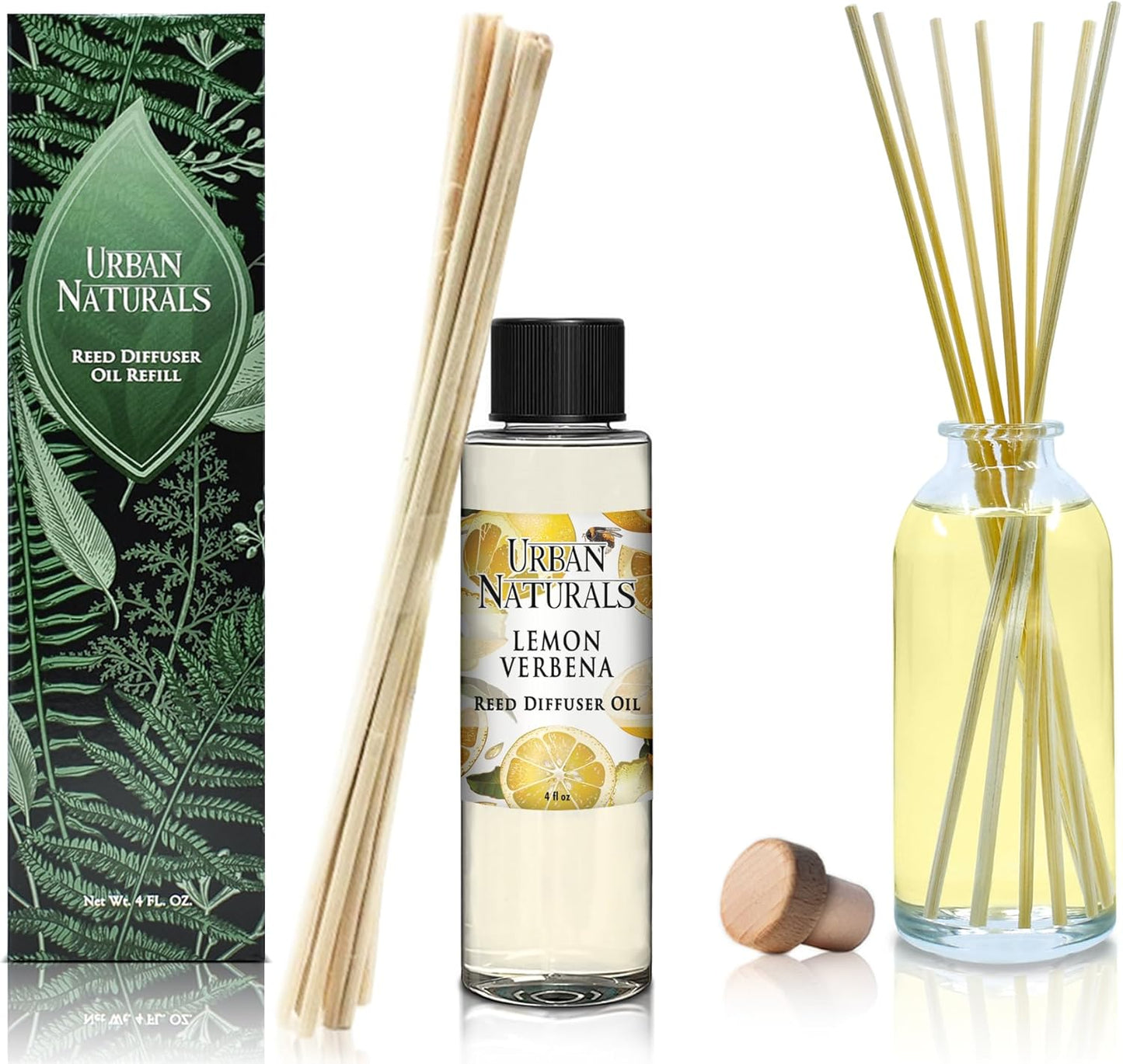 Urban Naturals Lemon Verbena Scented Oil Reed Diffuser Refill | Includes a Free Set of Reed Sticks, 4 oz (2 Pack)