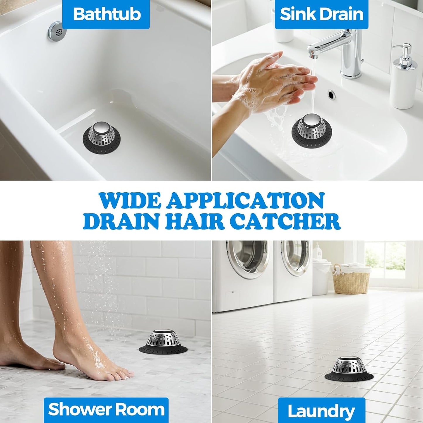 zaa Drain Hair Catcher - Bathtub Drain Cover, Hair Stopper for Bathtub Drain, 304 Stainless Steel Drain Protector and Hair Trap for Flat & Pop-up Drains, Silver Black