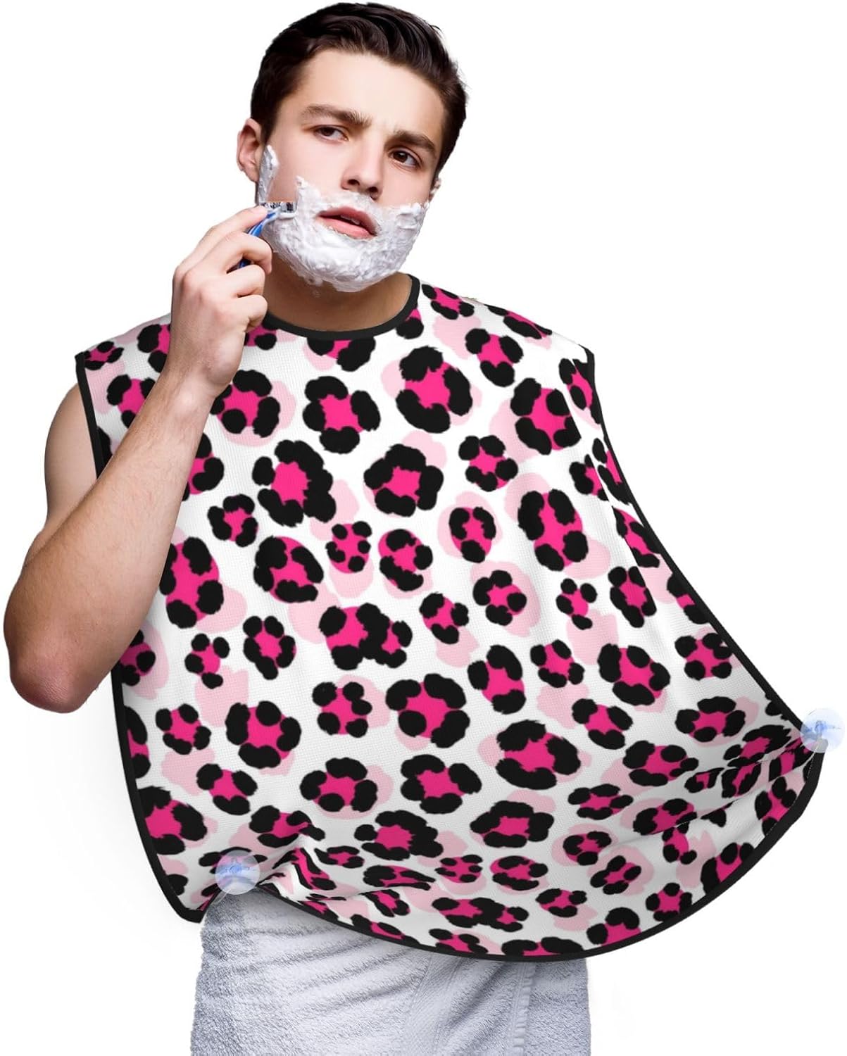 Non-Stick Beard Shaving Bib, Hair Catcher Apron with Suction Cups, Waterproof Grooming Tool for Men Husband, Pink Cheetah Animal Skin Leopard Print Shave Bib