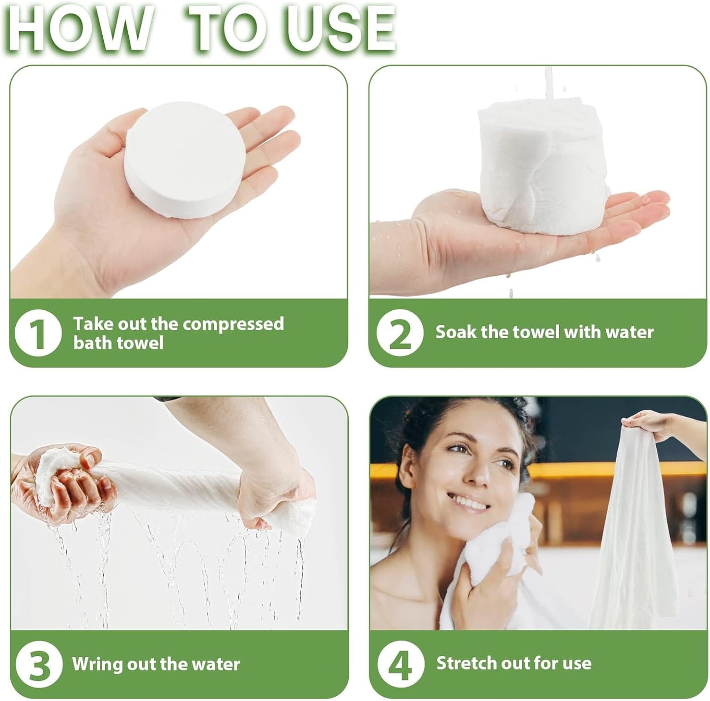 Compressed Bath Towel Tablets 24 Pack 55" x 27.5" Thickened Washable & Reuseable Bath Towels Portable Expandable Disposable Personal Care Cleansing Non Woven Clothes (Green Pack)