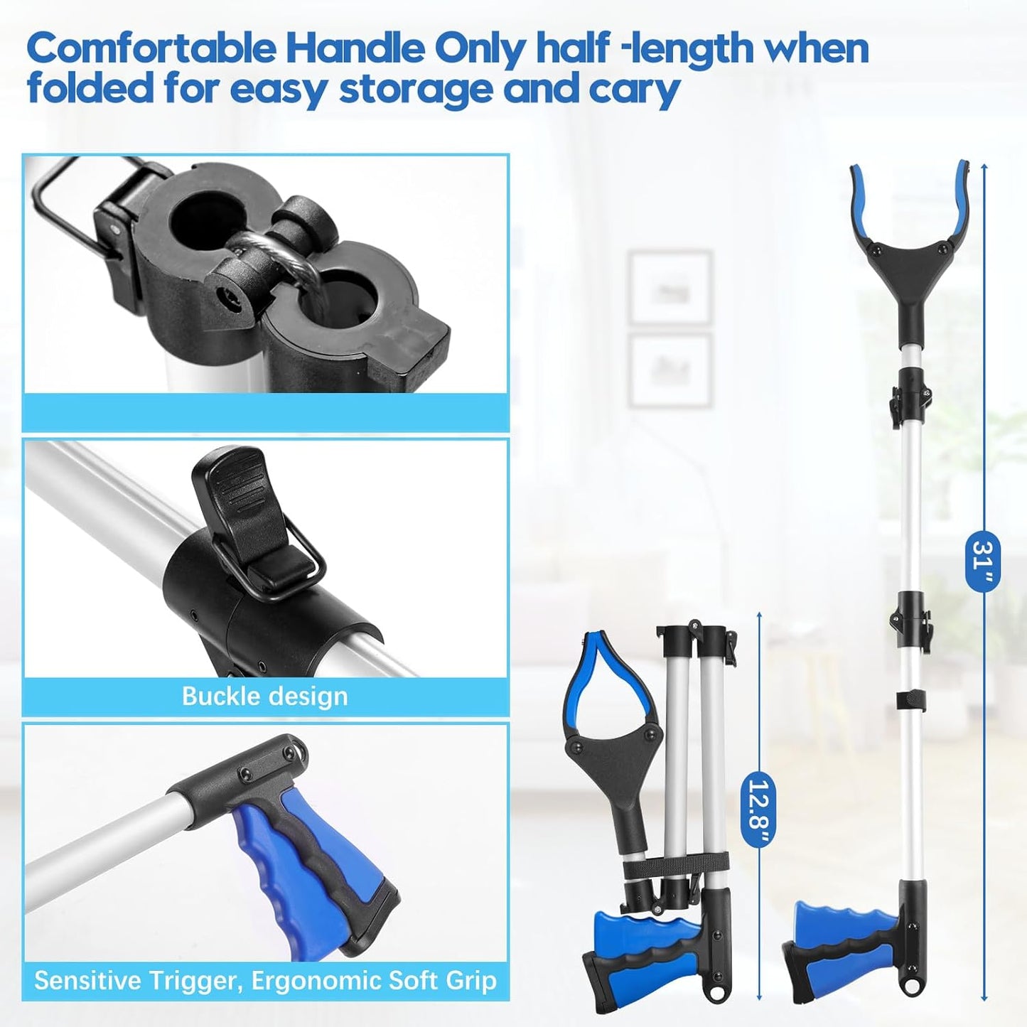 Upgraded 31 Inch Grabber Reacher Tool for Seniors, Trash Picker Upper- Anti Slip Wide Jaw, Stable Center of Gravity, Folds to 12.8 Inch Easy Storage Ideal for Trash Pickup & Surgery Recovery