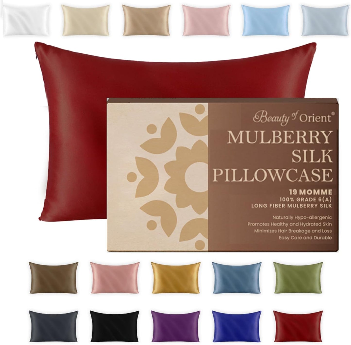 19 Momme Premium Mulberry Silk Pillowcase for Hair and Skin | Handcrafted Hypoallergenic & Anti-Acne 100% Silk Pillow Cases with Zipper | Queen - 20" x 30", Red Velvet