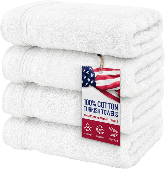 American Veteran Towel, Hand Towels for Bathroom Set of 4, 100% Cotton Turkish Hand Towel Sets, Soft Hand Face Towels, White Hand Towels
