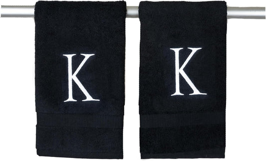 Black Monogrammed Hand Towels for Bathroom- Black and White Luxury Hotel Quality Personalized Initial Decorative Embroidered for Powder Room, Spa-GOTS Organic Certified - Pack of 2, Letter K