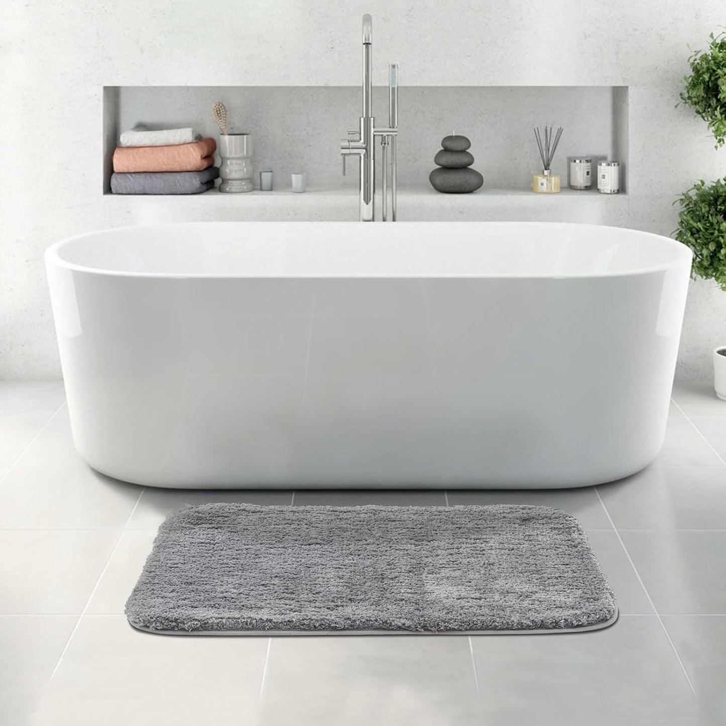 ROSMARUS Shaggy Bath Rugs for Bathroom Non Slip 24" X 36", Water Absorbent Bath Mat, Soft Shower Mat for Floor & Tub, Fluffy Plush Rug Machine Washable, Grey