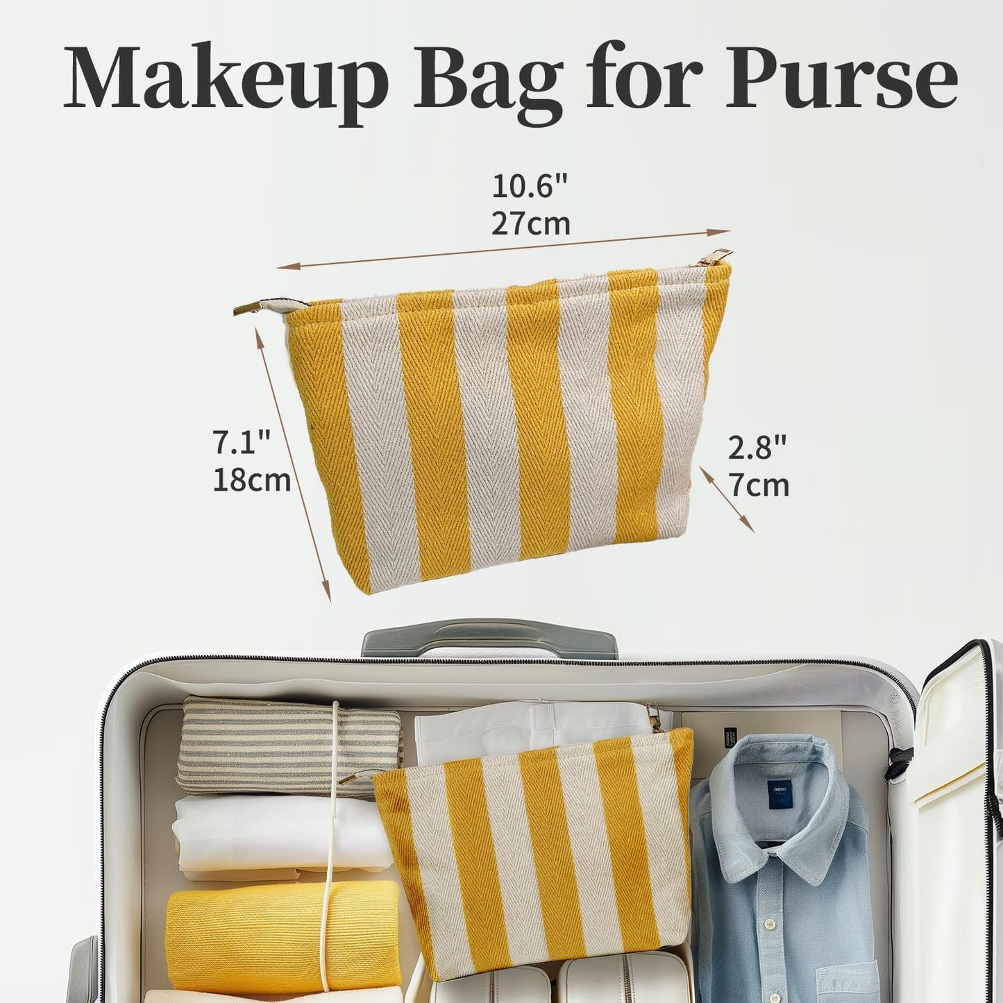 Yellow Striped Makeup Bag for Women, Canvas Cosmetic Bag, Travel Pouches for Purse(10.6" * 7.1" * 2.8"), Zipper Make Up Pouch,Perfect for Storing Makeup And Accessories, Daily Makeup Organizer Gifting